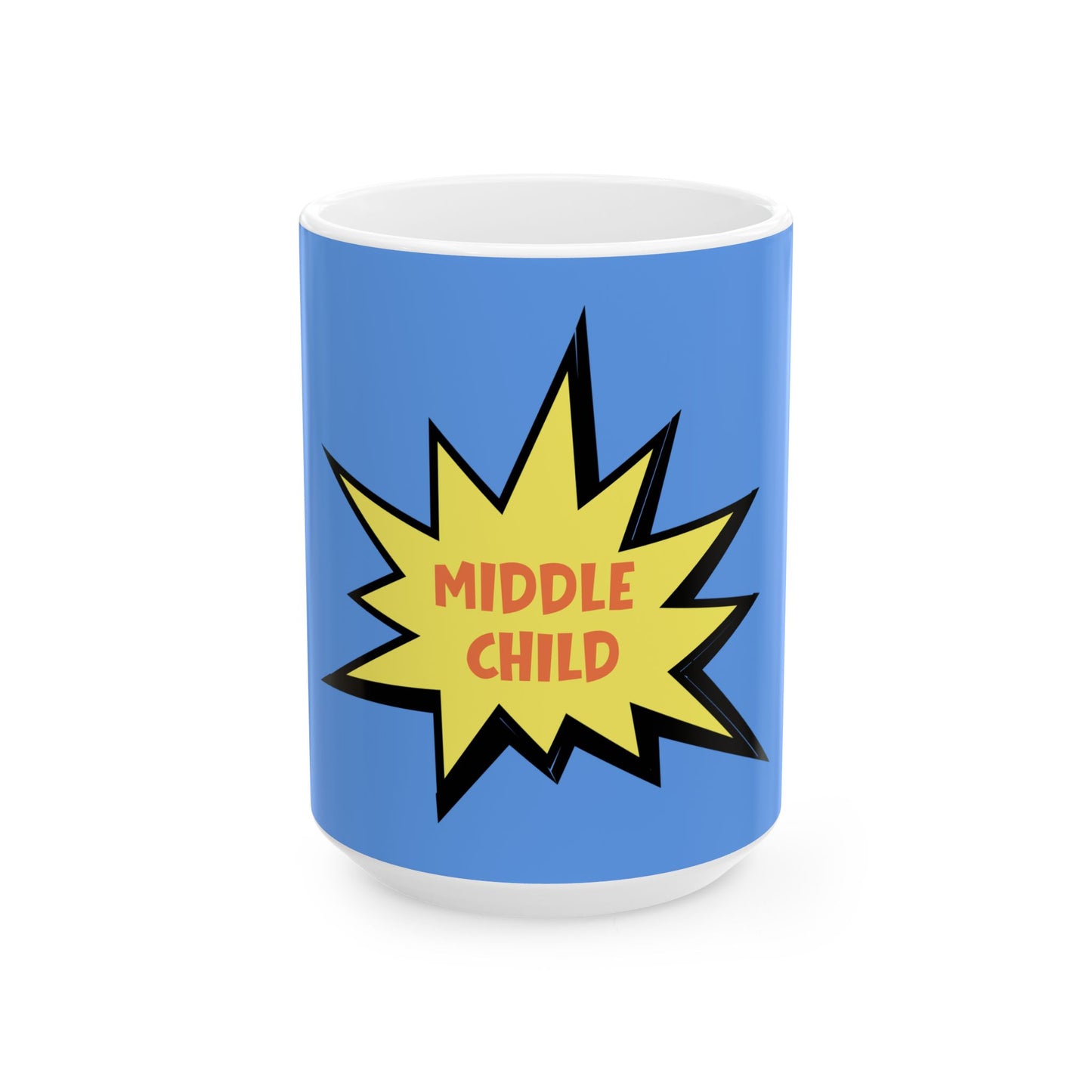Blue mug with a yellow starburst design and 'Middle Child' text on a white background