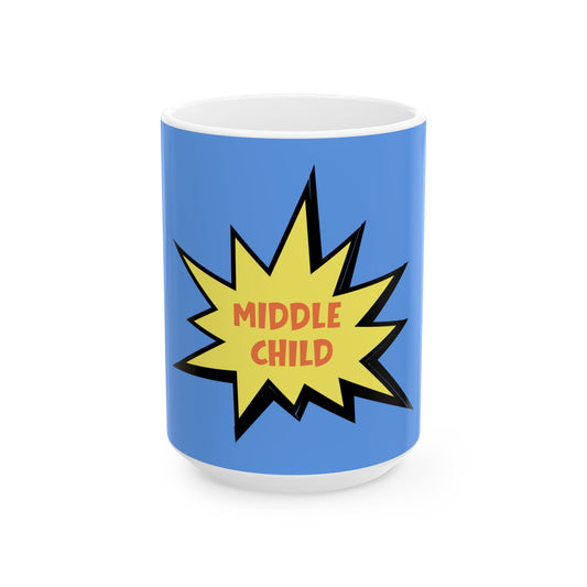 Blue mug with a yellow starburst design and 'Middle Child' text on a white background