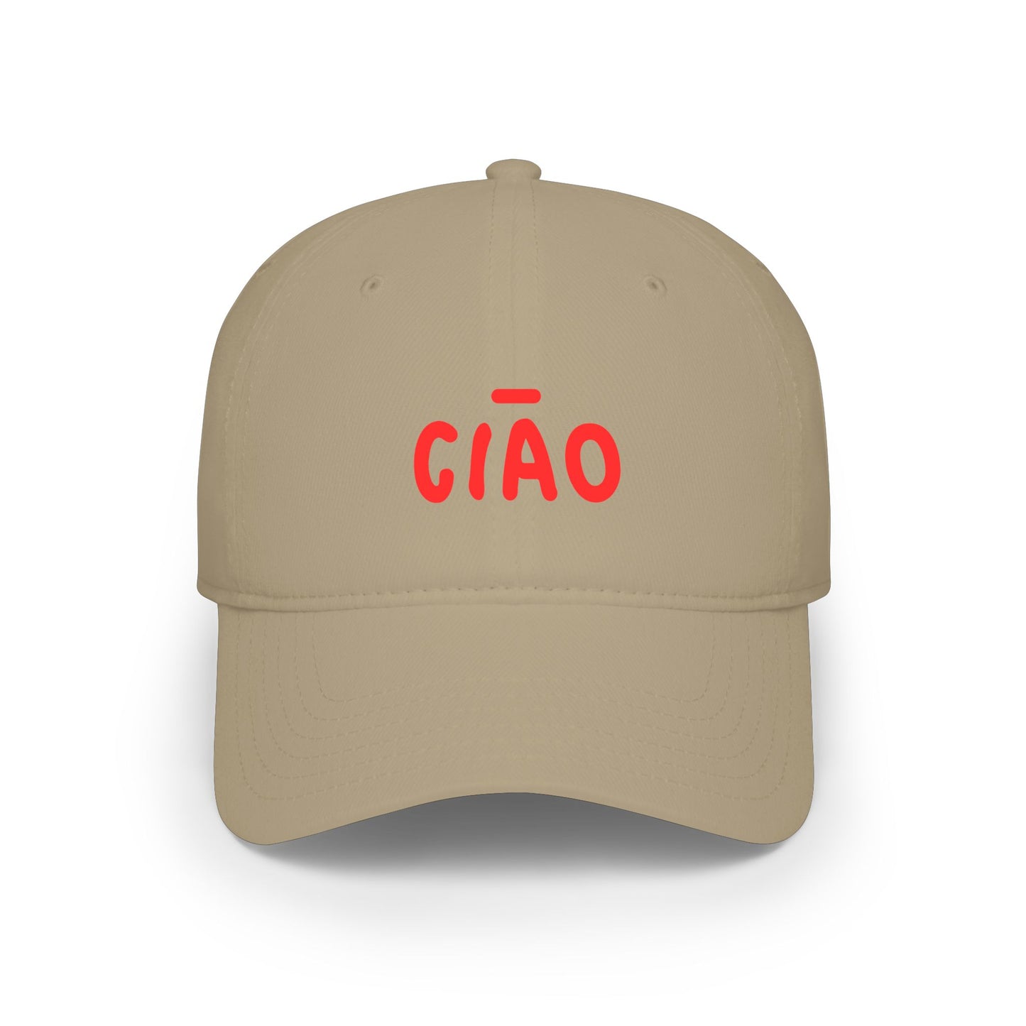 Beige cap with red 'CIAÓ' text on a white background