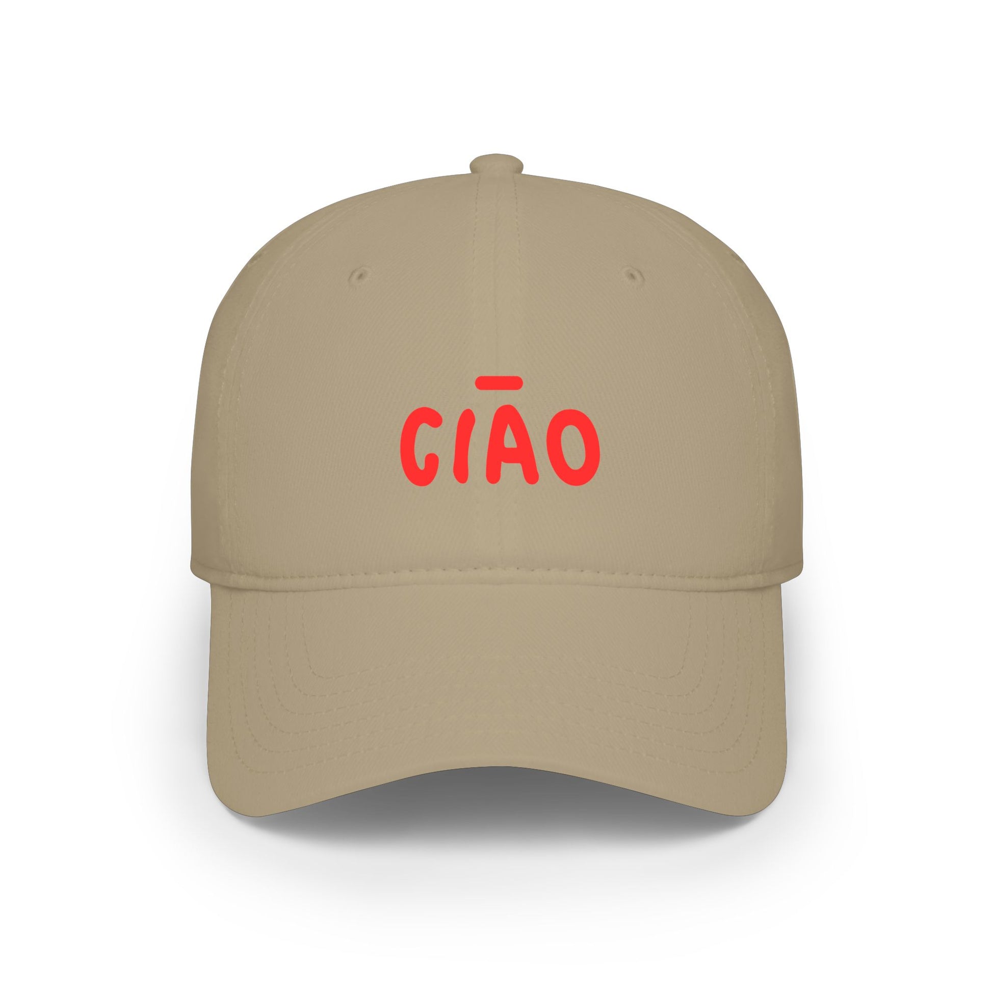 Beige cap with red 'CIAÓ' text on a white background