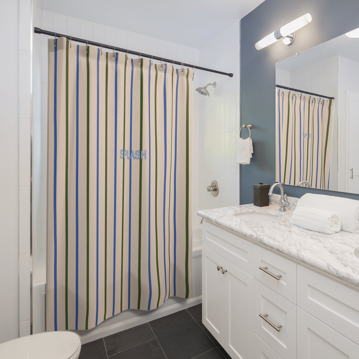 Playful 'SPLASH' Shower Curtain — Beige and Blue Modern Bath Curtain
