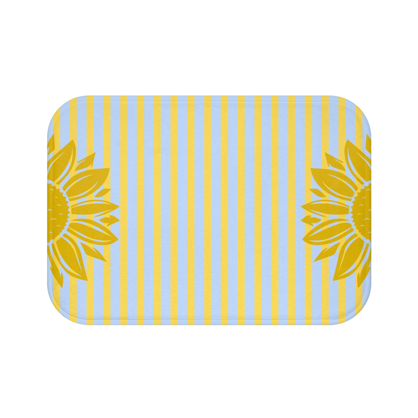 Rectangular mat with sunflower design and blue and yellow striped pattern on a white background