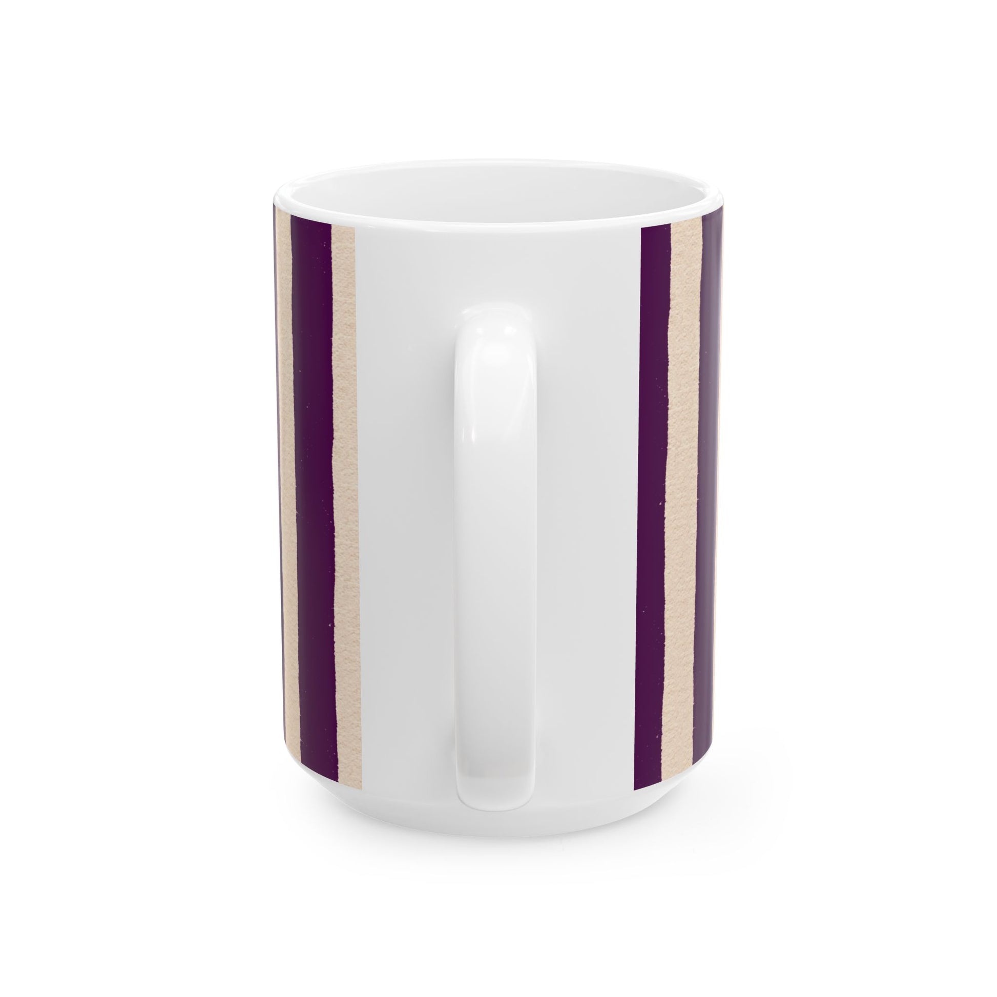 White mug with purple and beige stripes on a white background