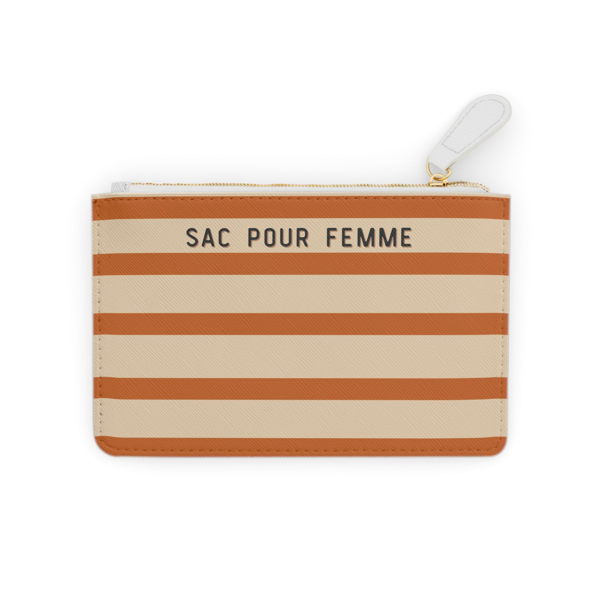 Striped pouch with 'SAC POUR FEMME' text on a white background