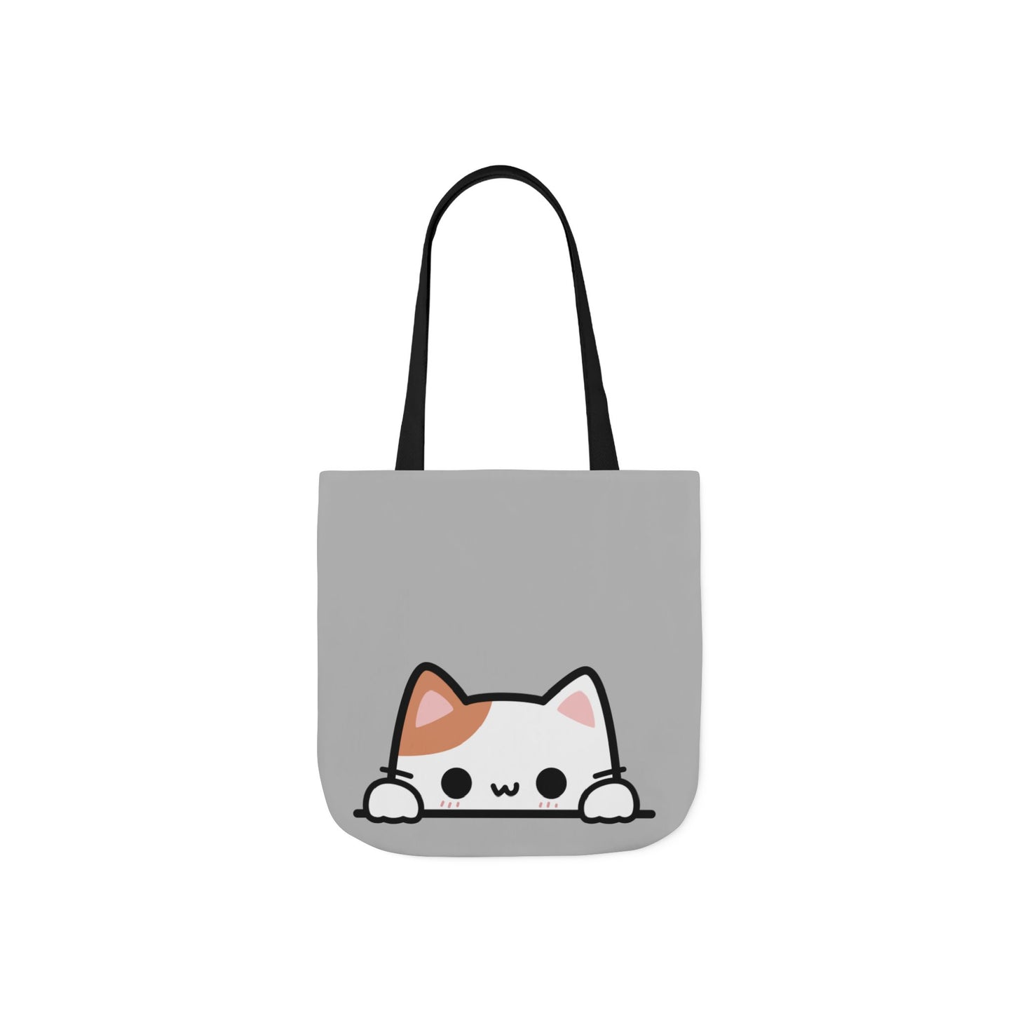 Gray tote bag with a cute cat design on a white background