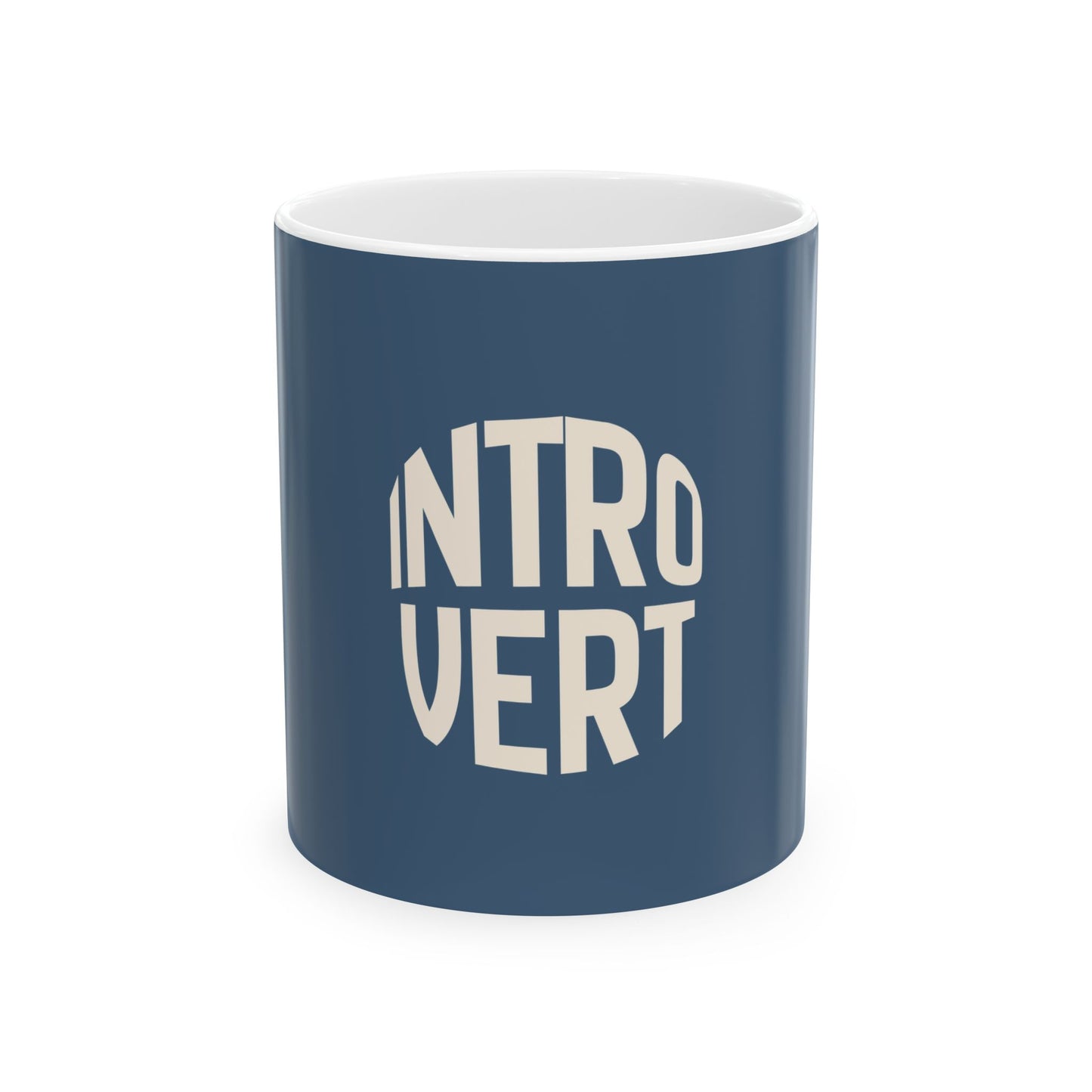 Blue mug with 'INTROVERT' text on a white background