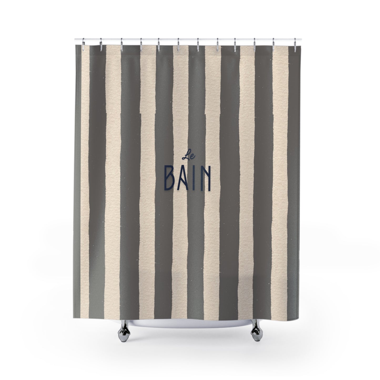 Striped shower curtain with 'Le Bain' text on a white background
