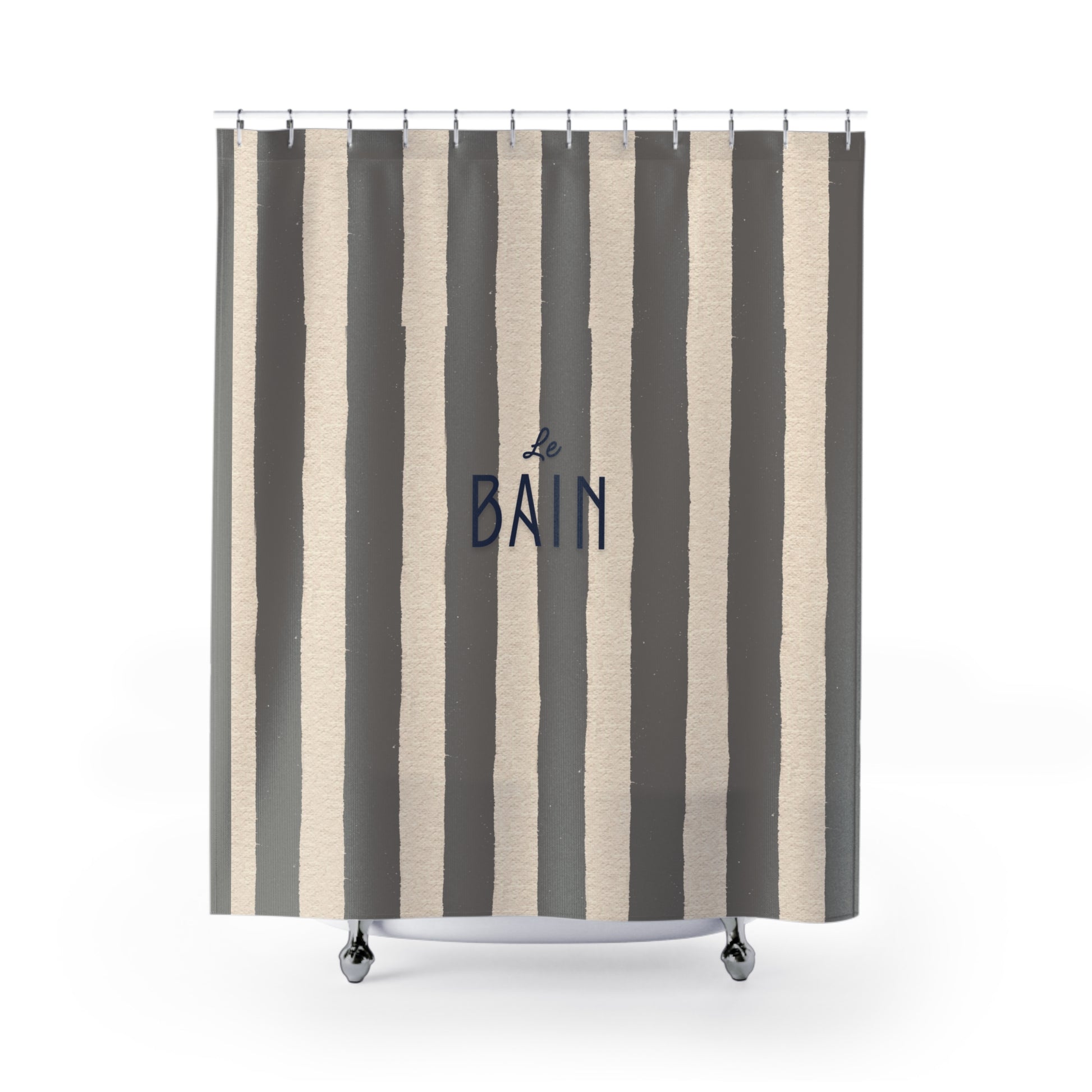 Striped shower curtain with 'Le Bain' text on a white background