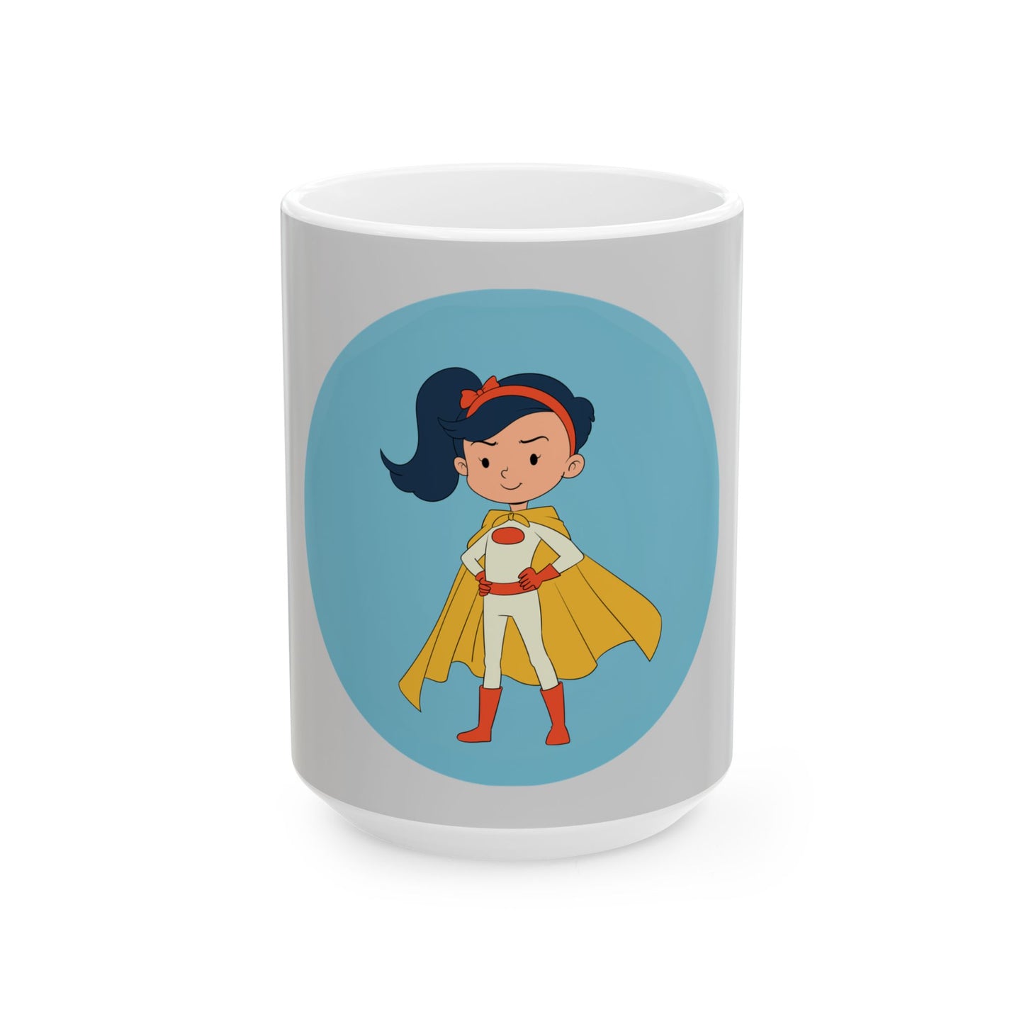 A white ceramic mug featuring a cartoon illustration of a young girl superhero with a yellow cape, red boots, and a blue background circle on the front.