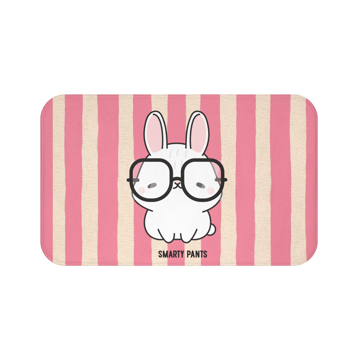 Rectangular mat with a cartoon rabbit wearing glasses and 'Smarty Pants' text on pink and beige striped background