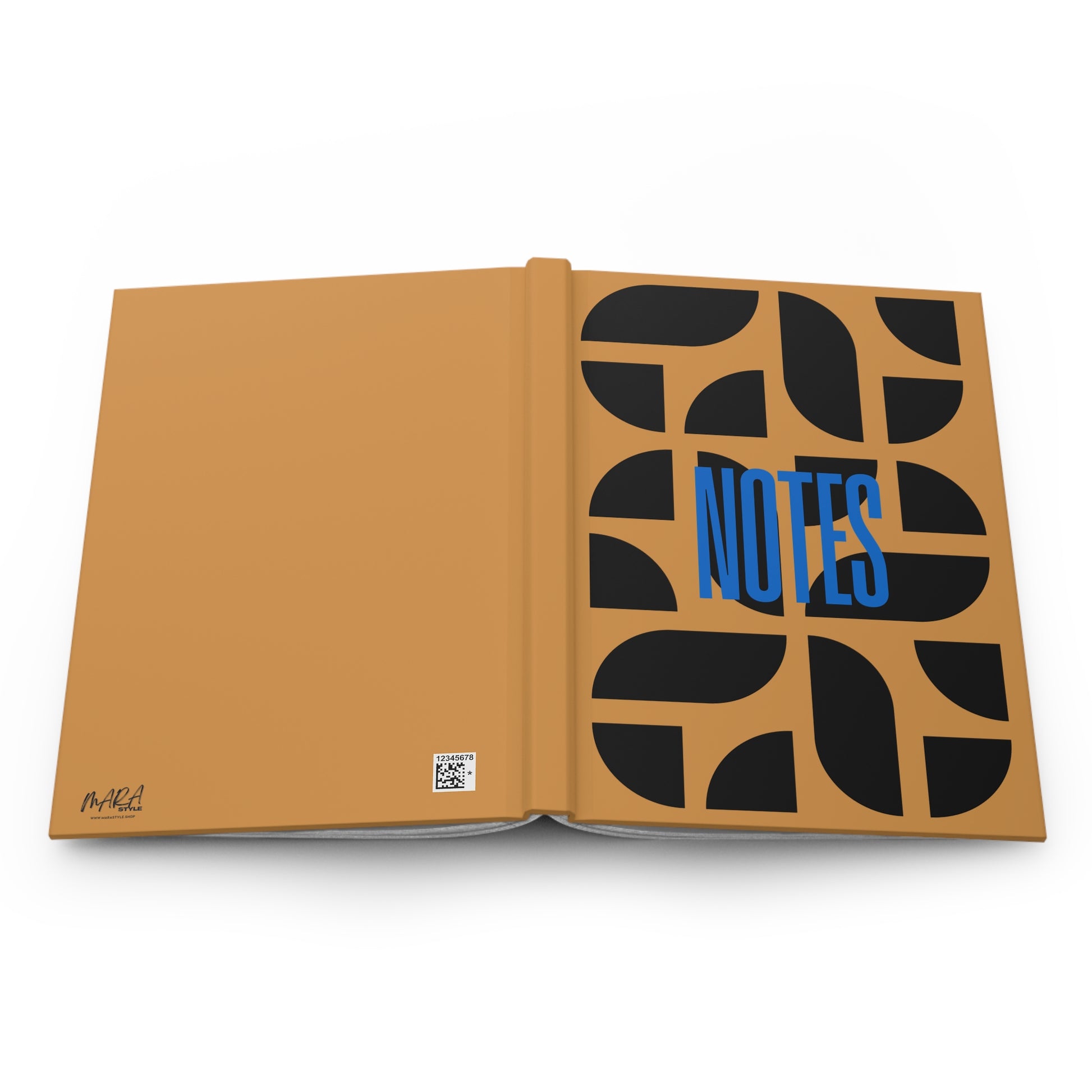 Open notebook with 'NOTES' text on a beige cover with black abstract patterns