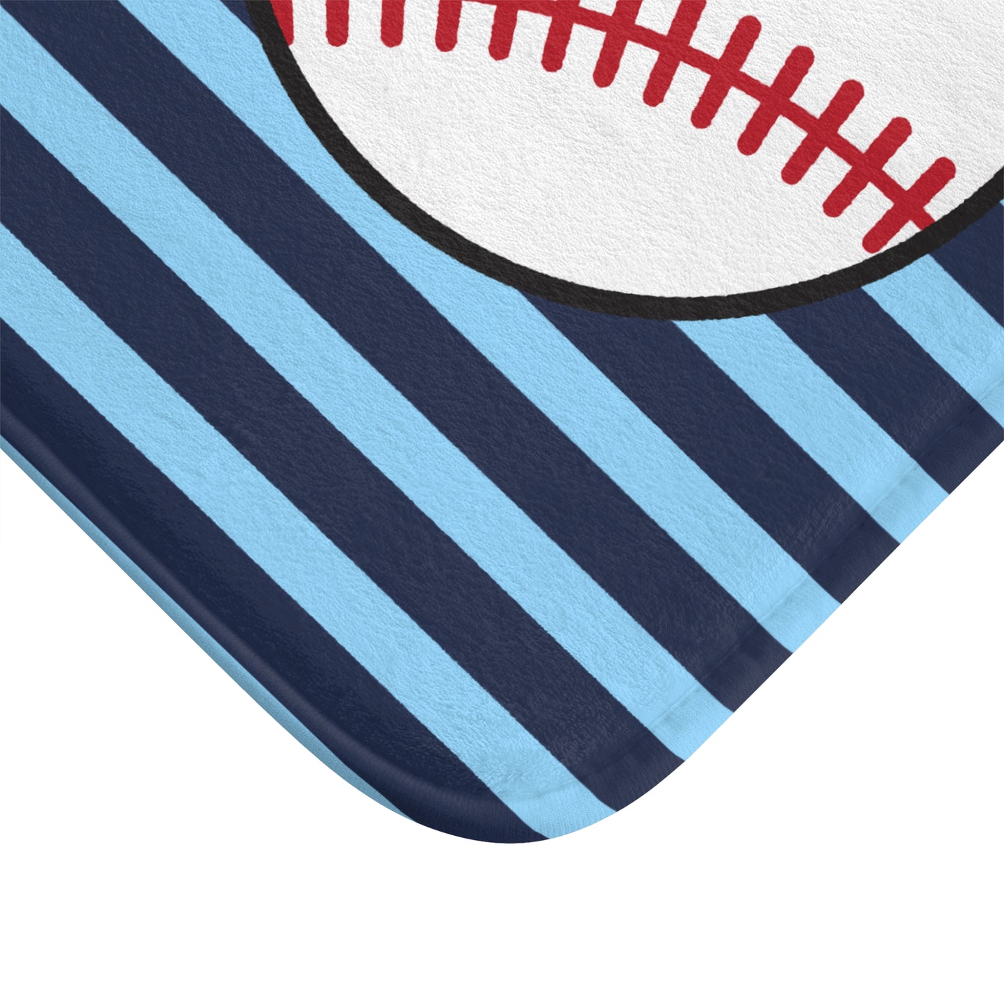Baseball-themed fabric with blue and navy stripes and a baseball design.