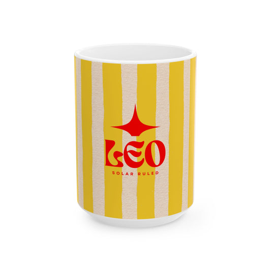 Mug with yellow and beige striped design and red logo on a white background