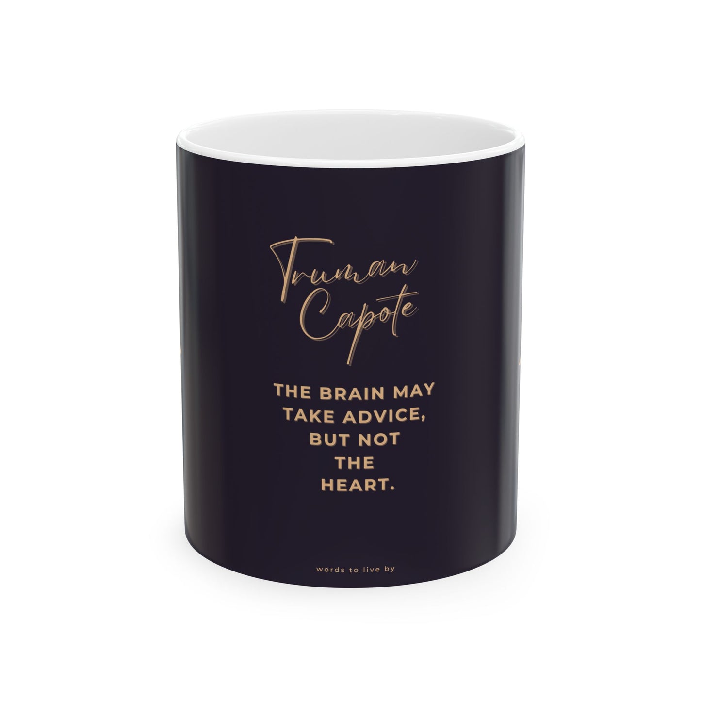 Black mug with gold text featuring Truman Capote quote on a white background