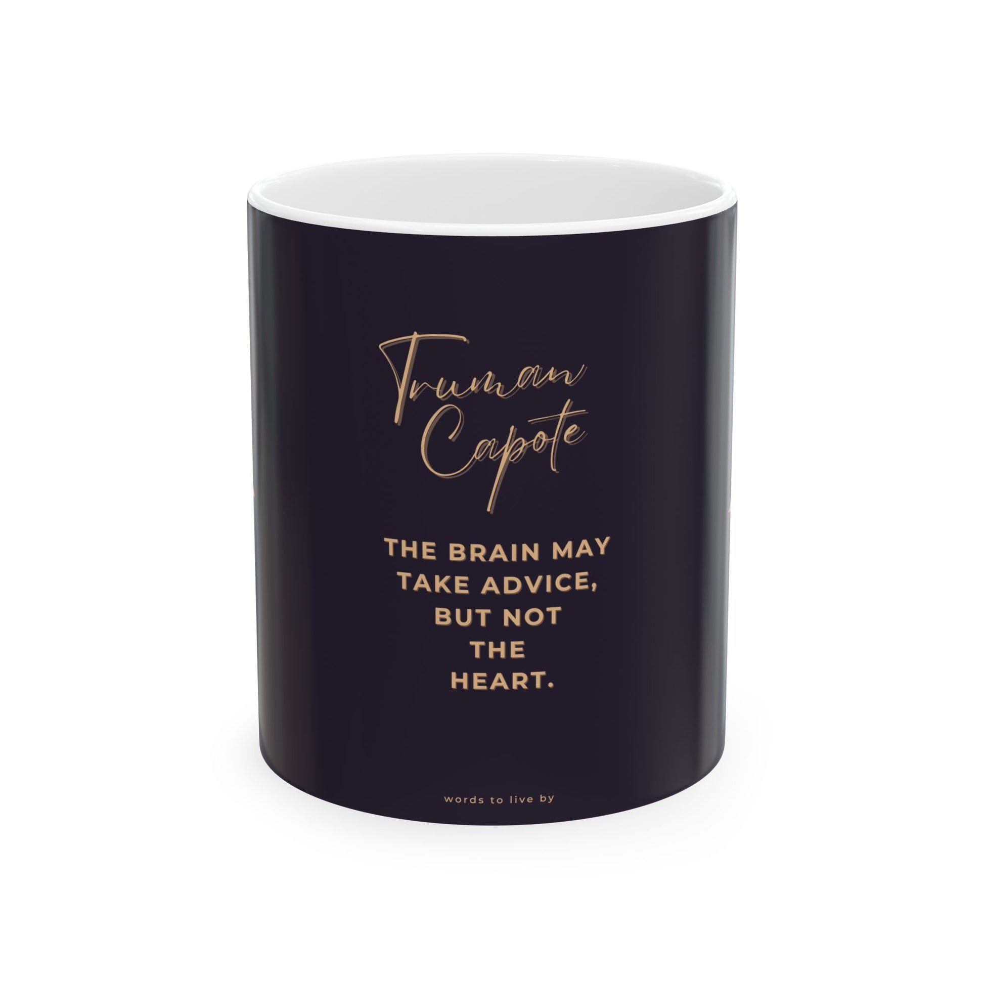 Black mug with gold text featuring Truman Capote quote on a white background