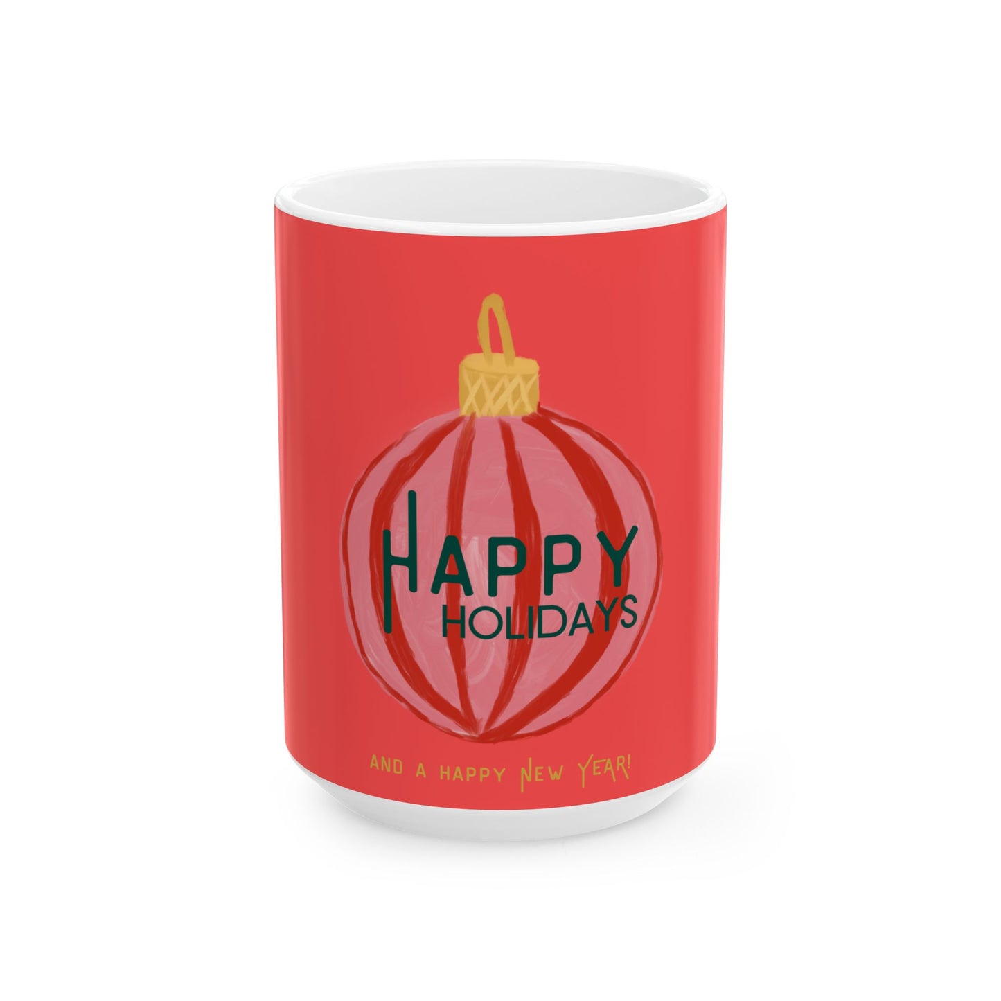 Red mug with a Christmas ball design and 'Happy Holidays' text on a white background