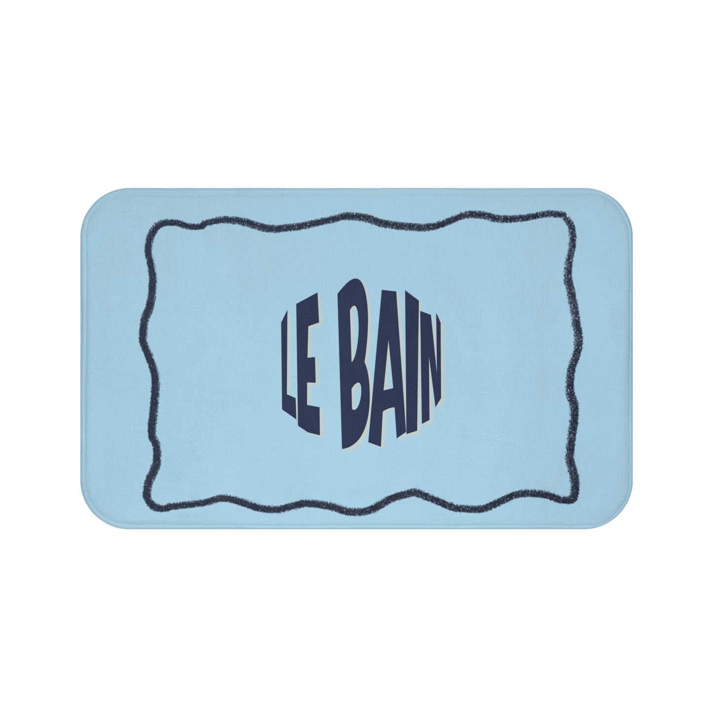 Rectangular blue bath mat with 'LE BAIN' text on a white background