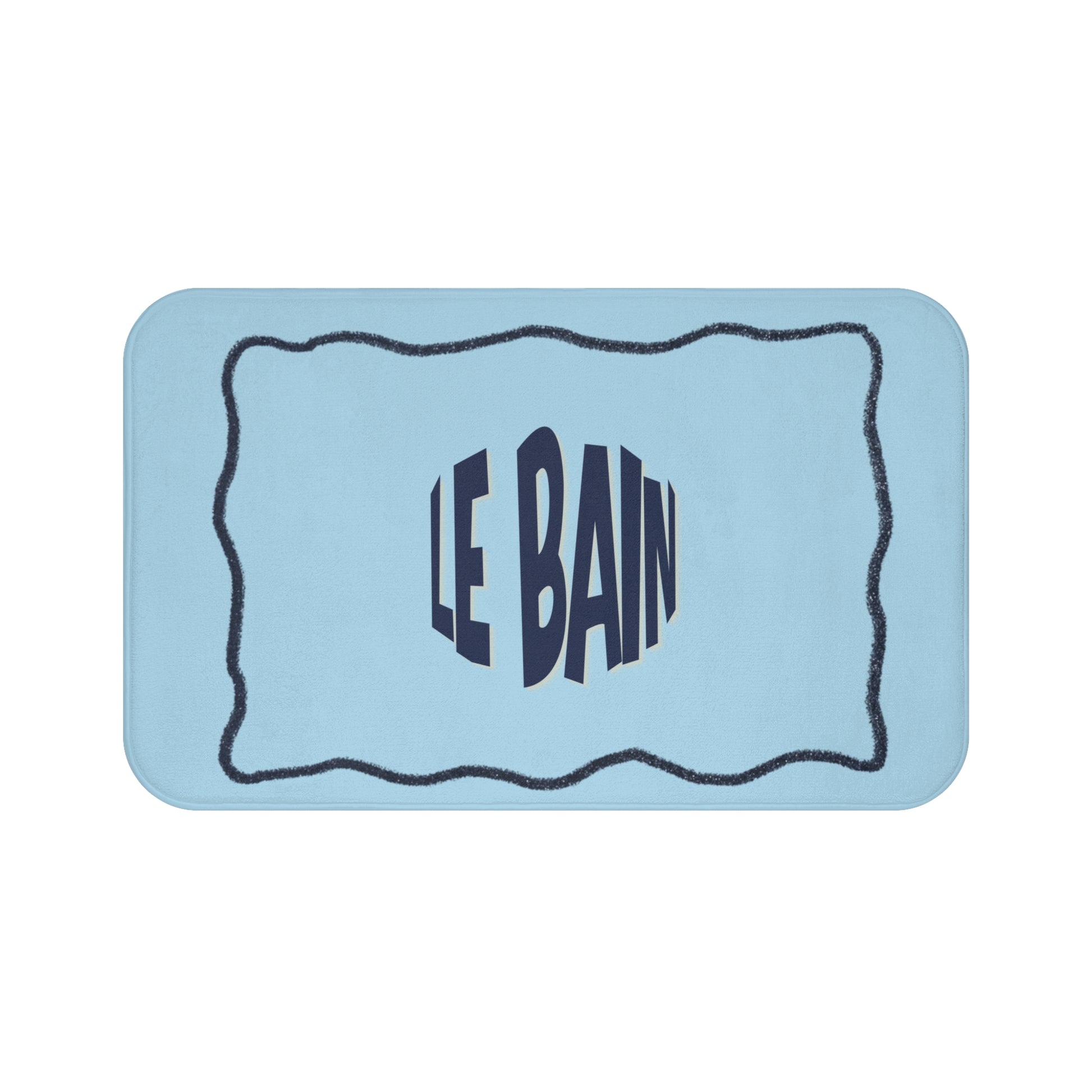 Rectangular blue bath mat with 'LE BAIN' text on a white background