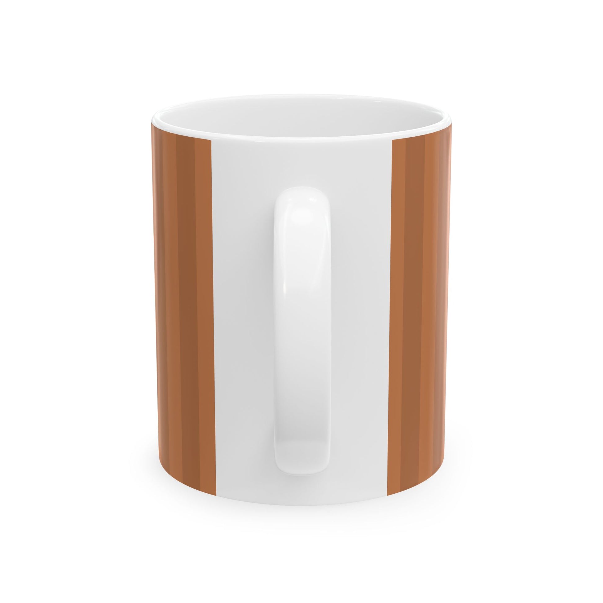White mug with brown stripes on a white background