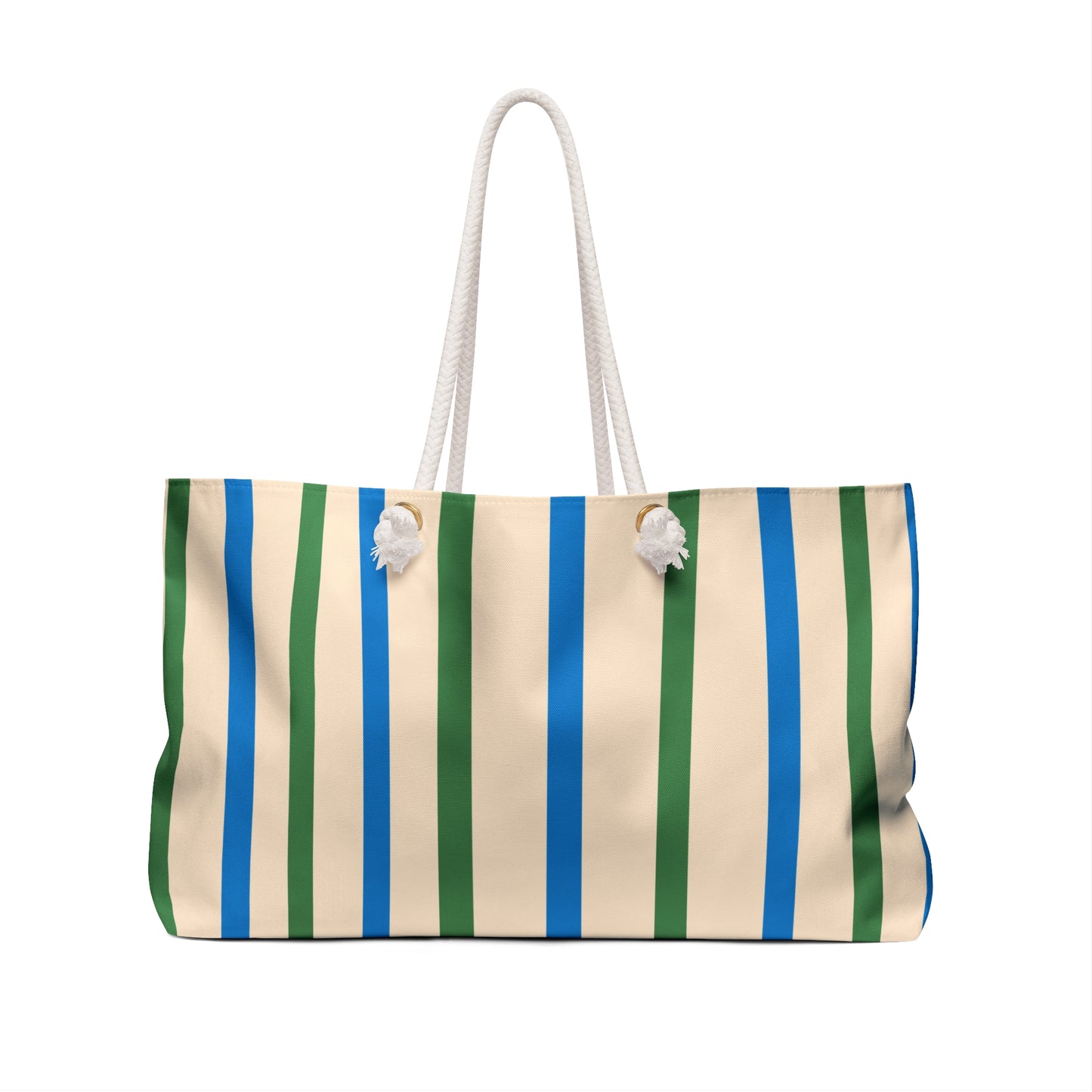 Striped beach bag with blue, green, and beige colors on a white background