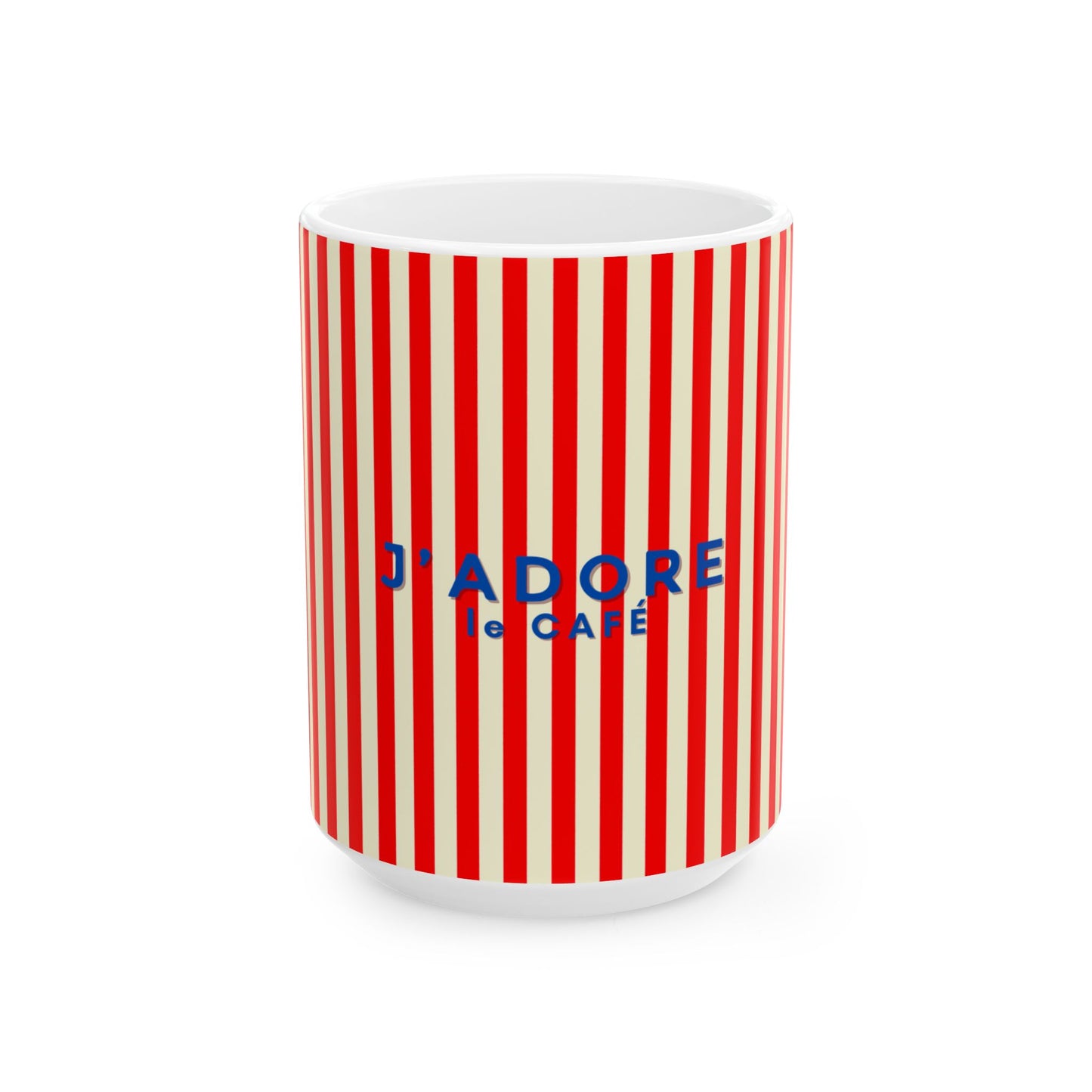 Mug with red and white striped pattern and 'J'adore le Cafe' text on a white background