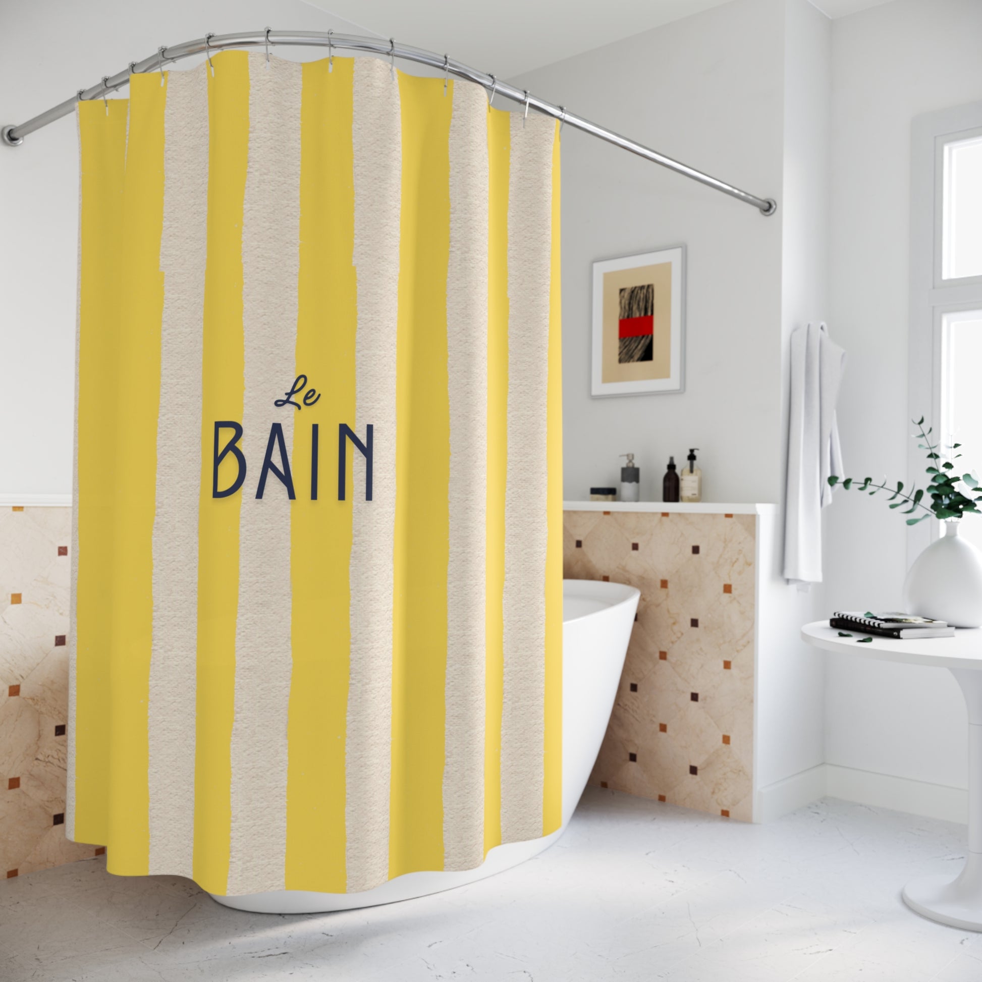 Yellow and white striped shower curtain with 'Le Bain' text in a bathroom setting.