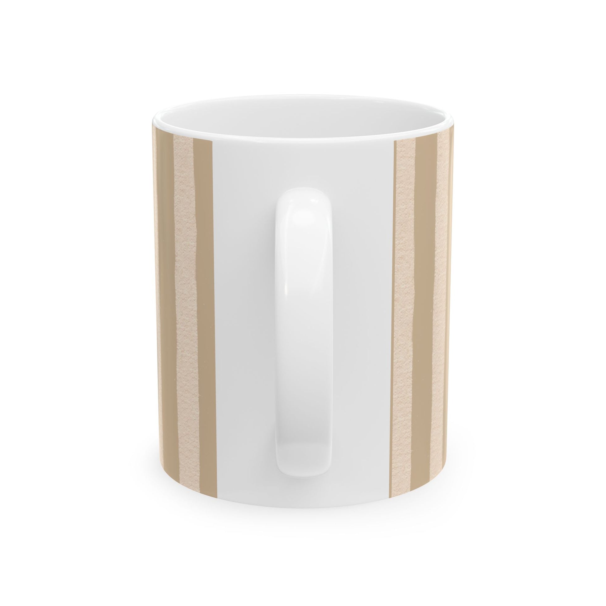 White mug with wooden accents on a white background