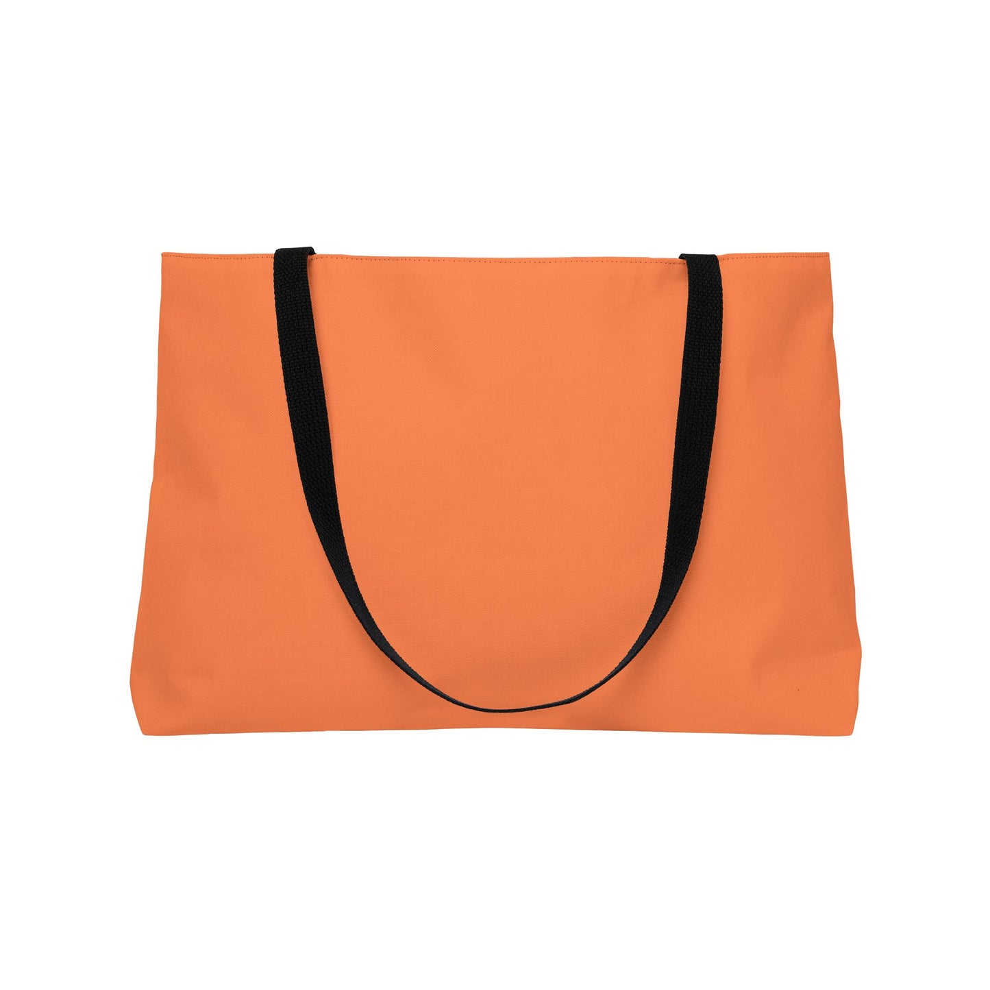 Orange tote bag with black handles on a white background