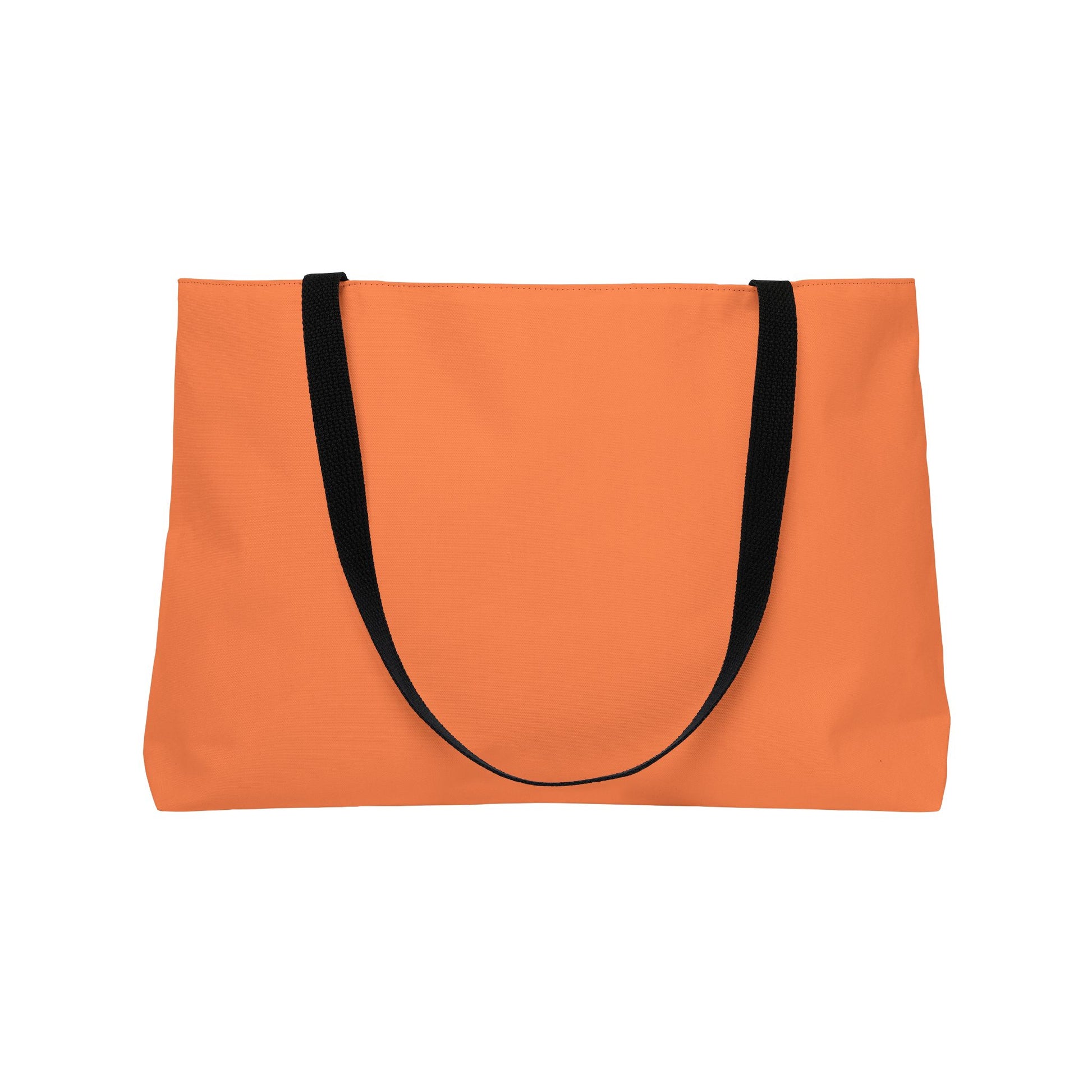 Orange tote bag with black handles on a white background