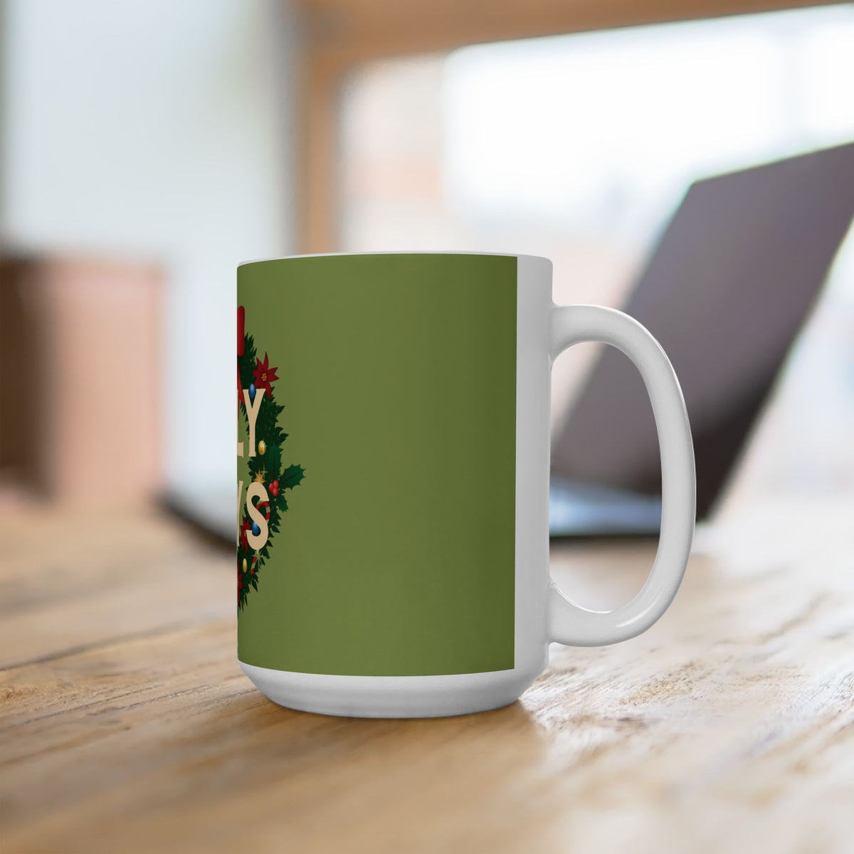 Holiday Wreath Ceramic Mug, Olive Green — "HOLY DAYS" Christmas Coffee Cup (11oz & 15oz)