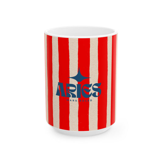 Mug with red and white striped pattern and 'ARIES' branding on a white background
