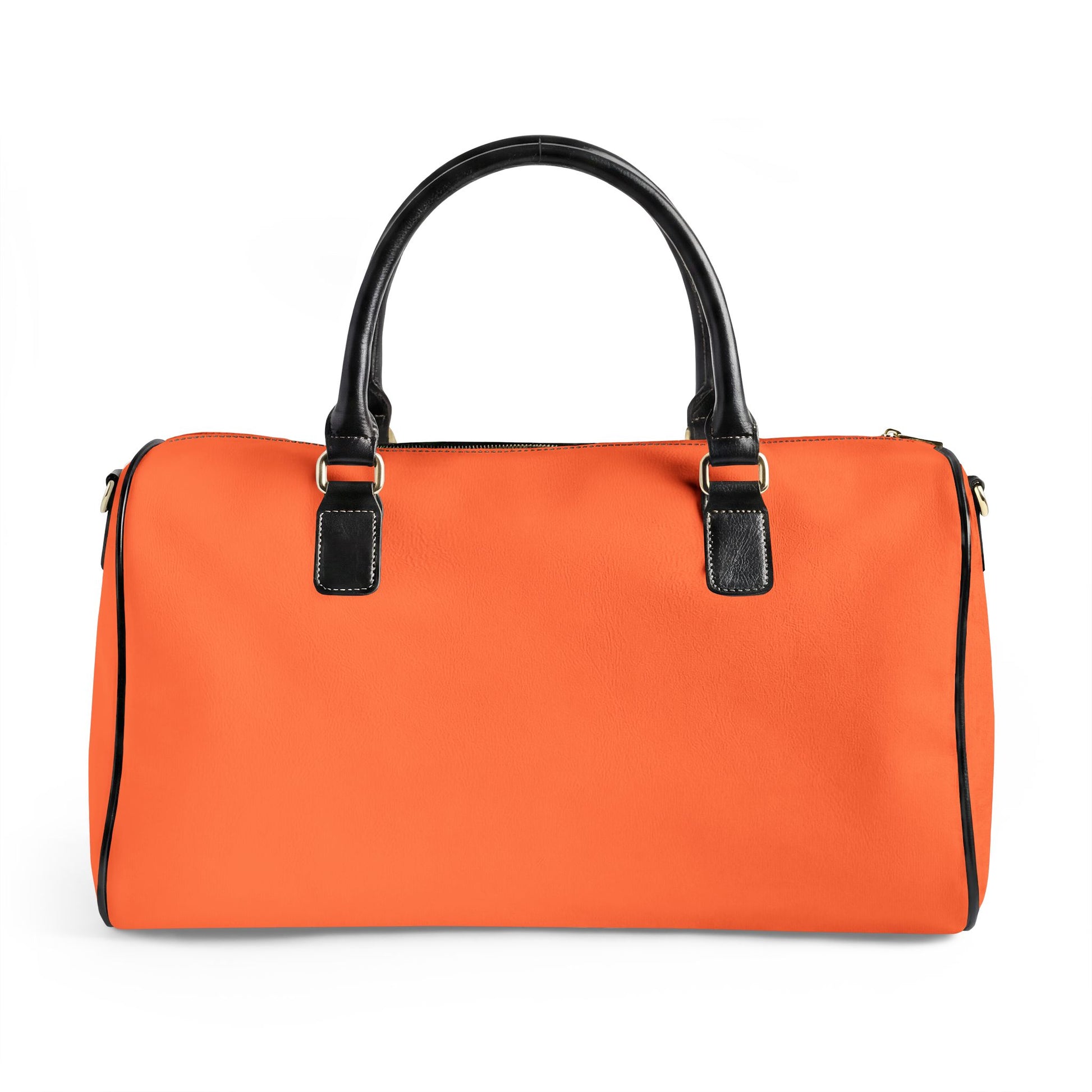 Orange duffel bag with black handles and trim on a white background
