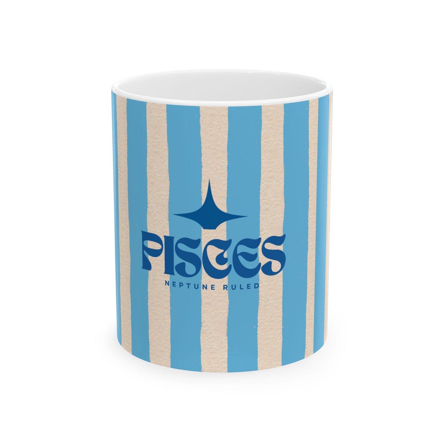 Mug with blue and beige striped design and 'Pisces' text on a white background