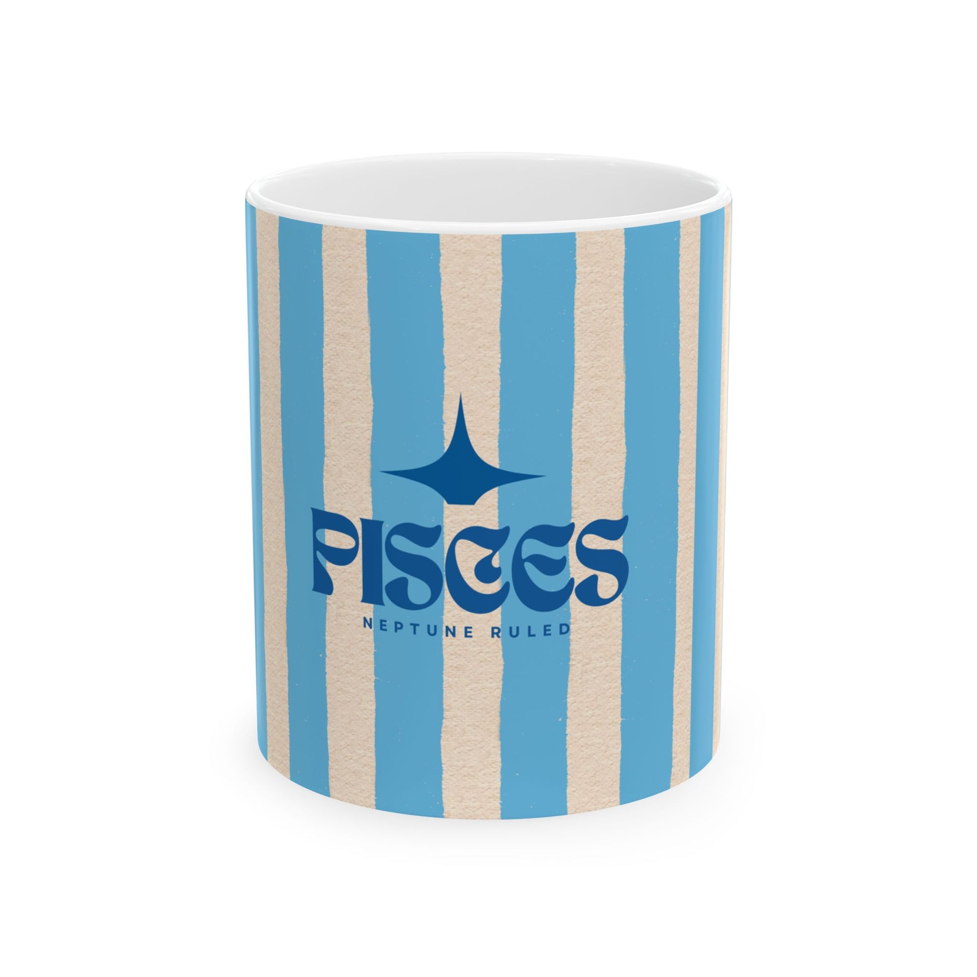 Mug with blue and beige striped design and 'Pisces' text on a white background