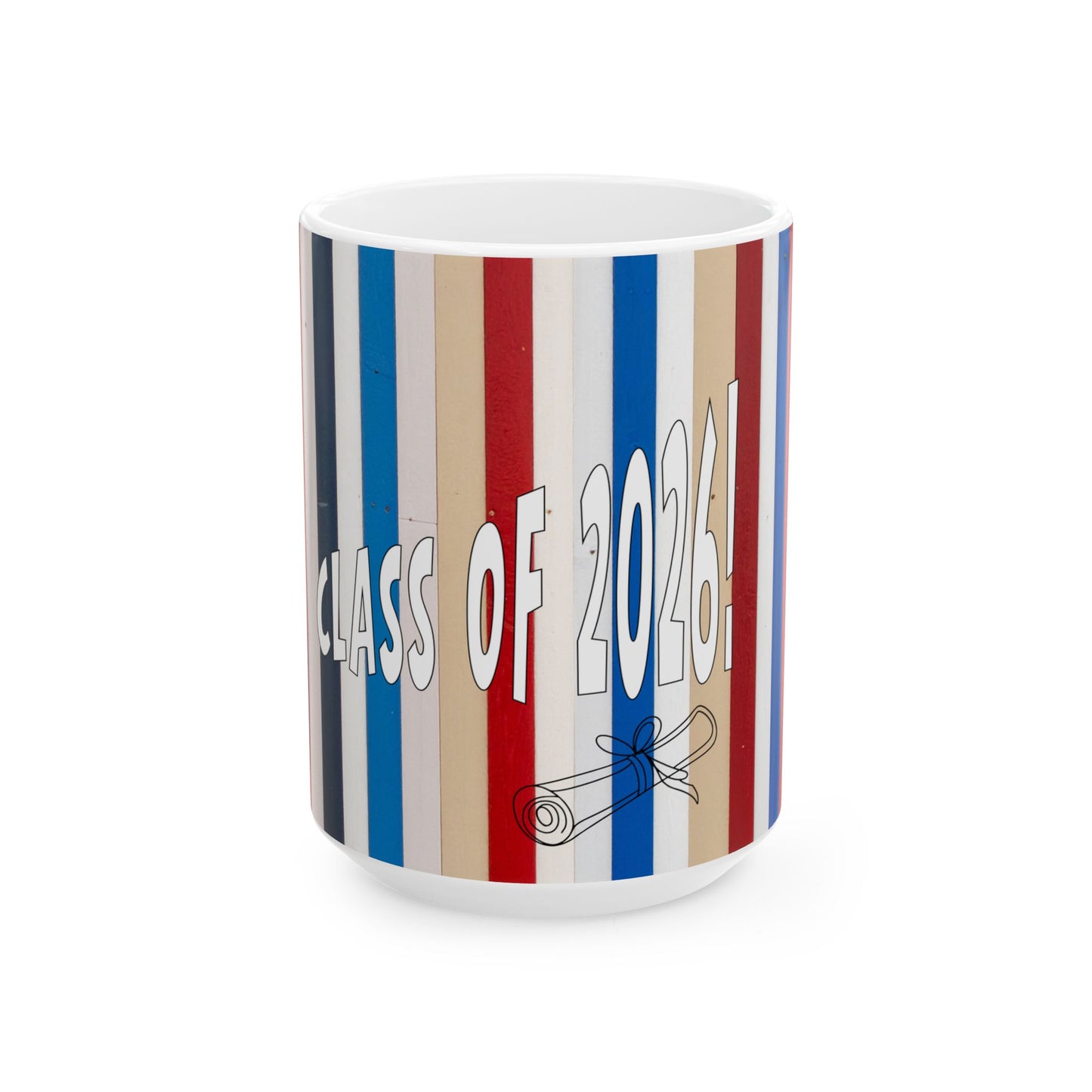 Mug with 'Class of 2026' text and striped design on a white background