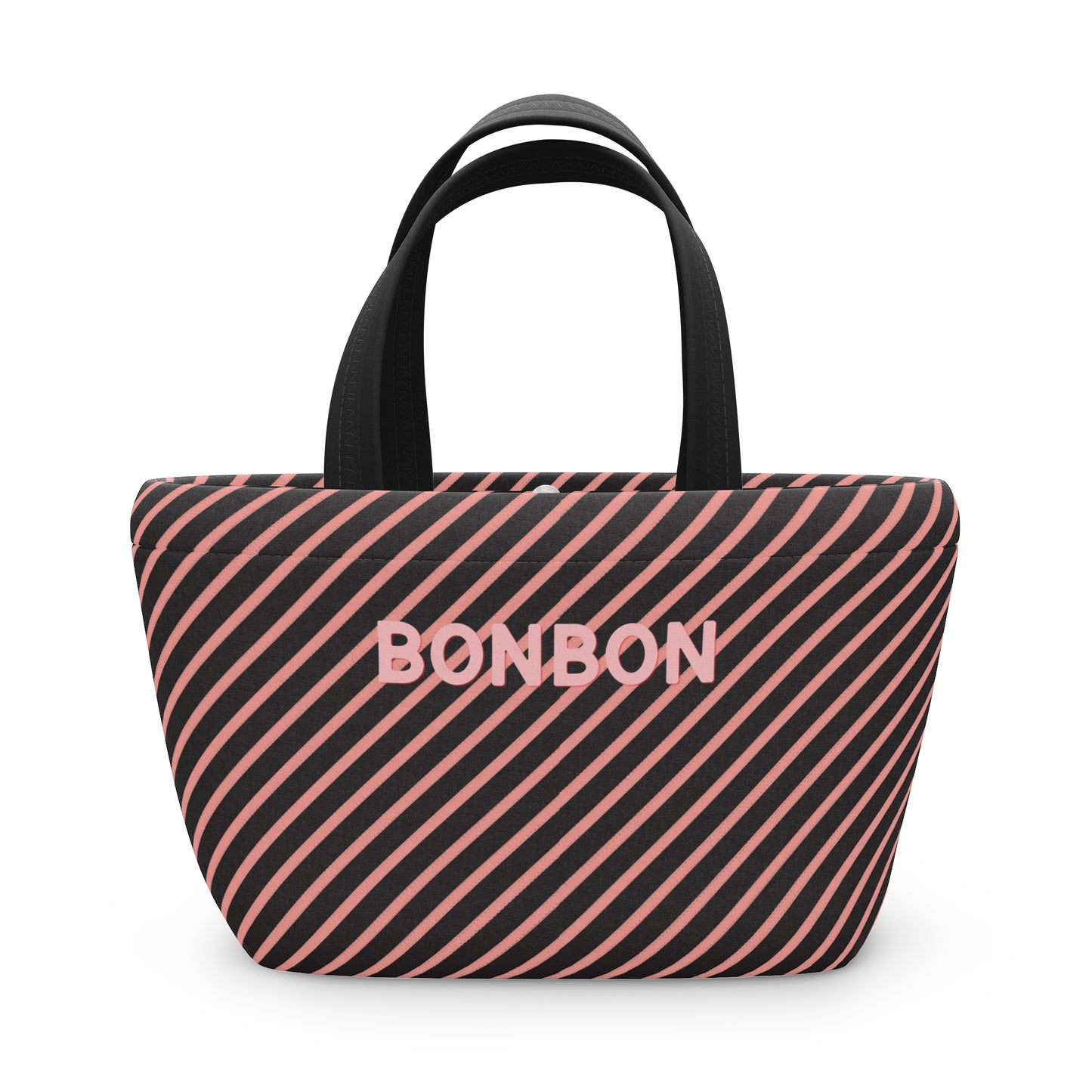 Striped tote bag with 'BONBON' text on a white background