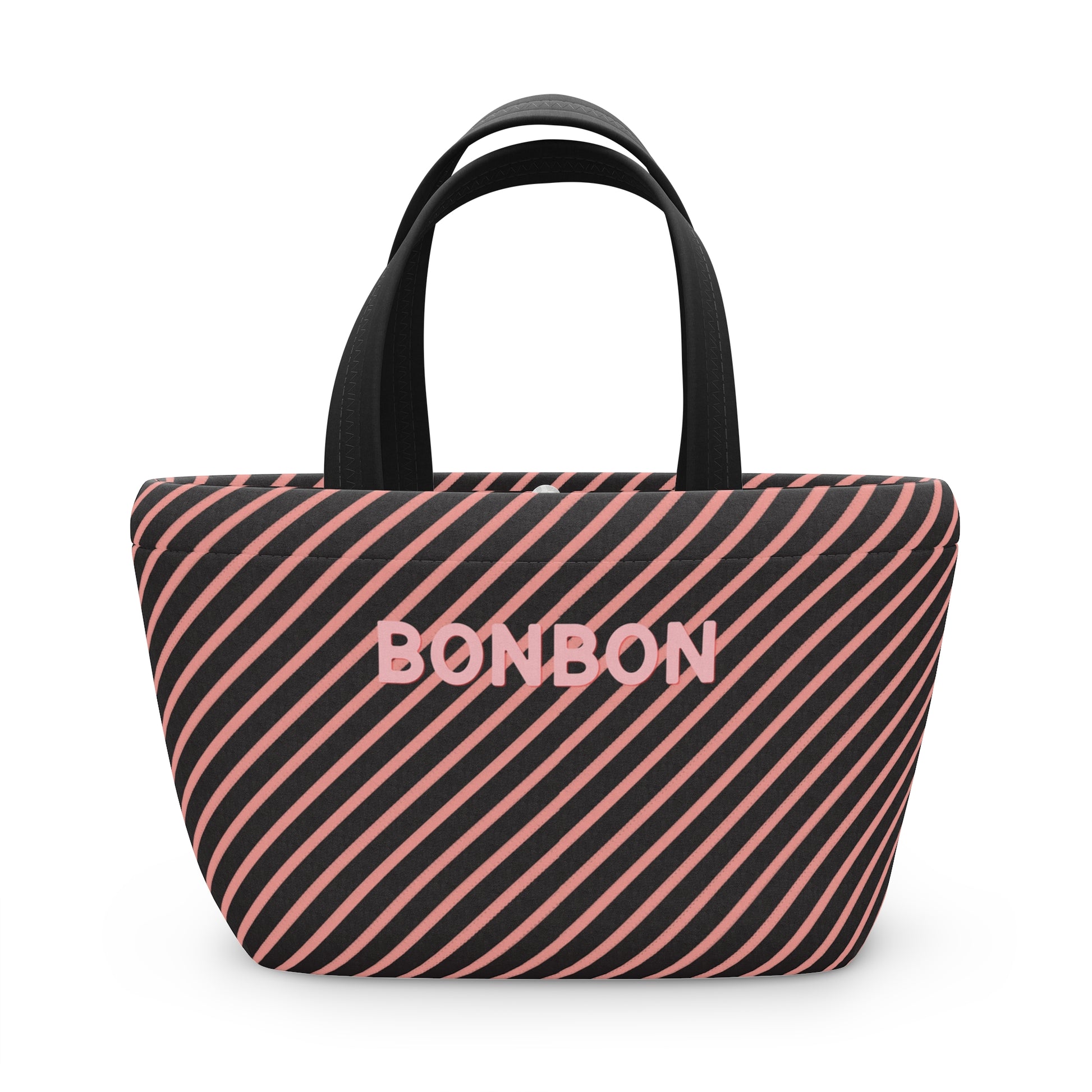 Striped tote bag with 'BONBON' text on a white background