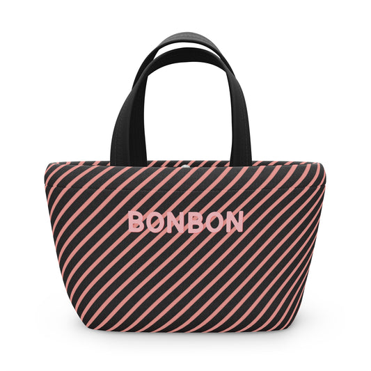 Striped tote bag with 'BONBON' text on a white background