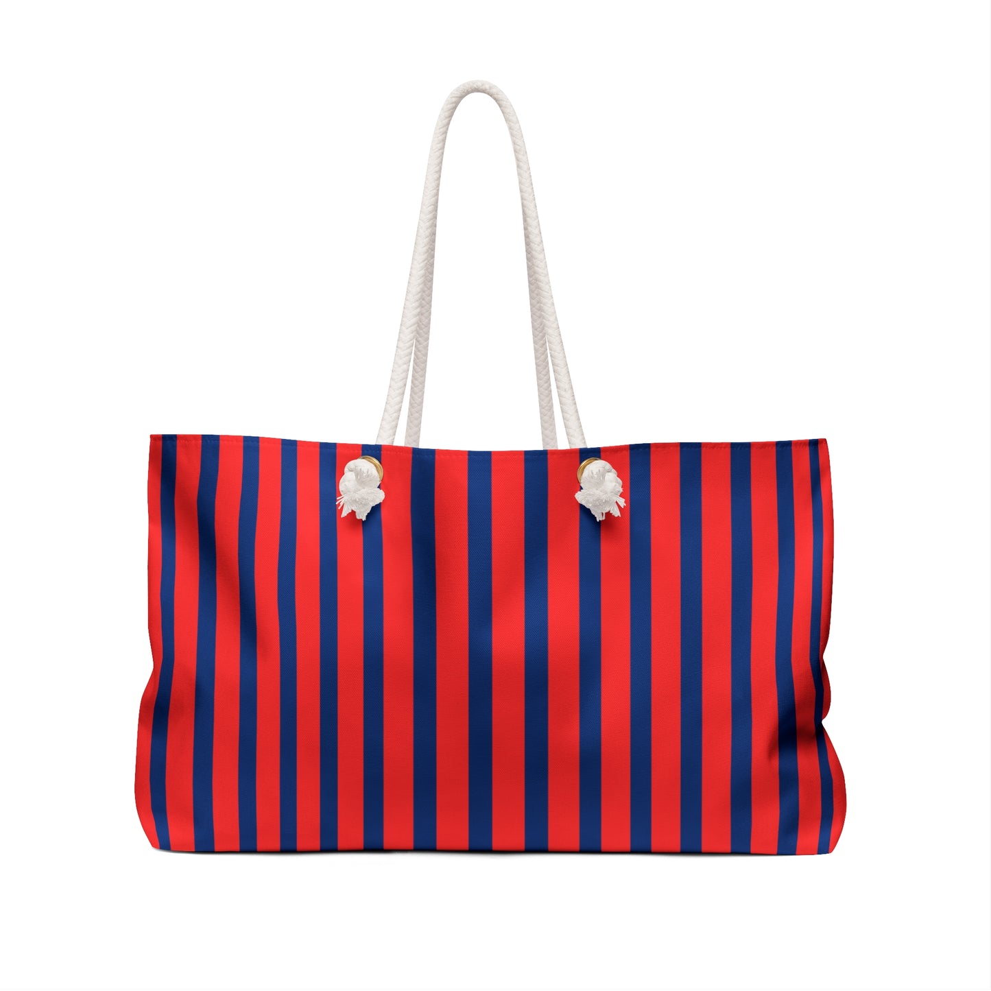 Red and blue striped bag with white handles on a white background