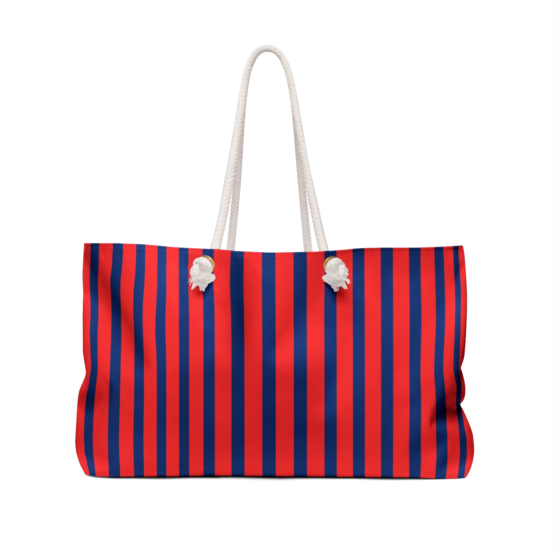 Red and blue striped bag with white handles on a white background