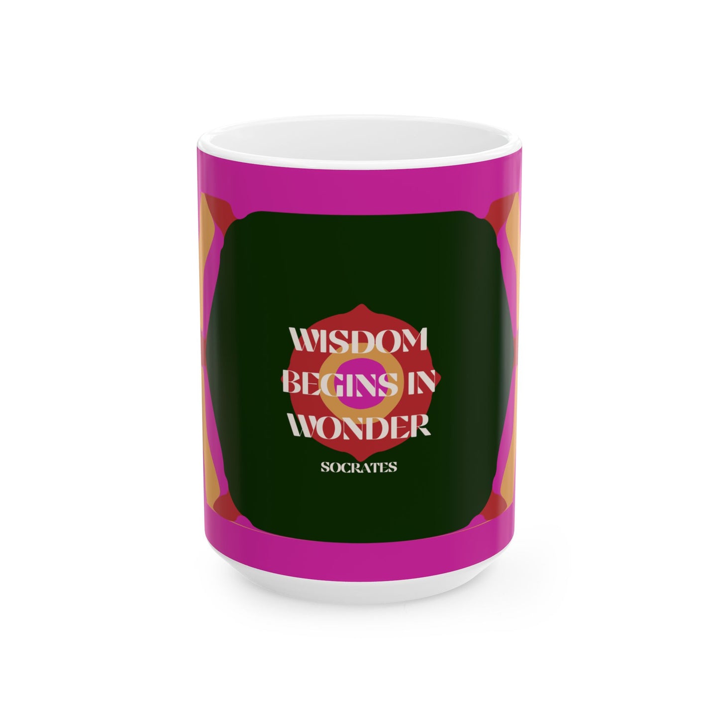 Mug with 'Wisdom Begins in Wonder' quote on a white background