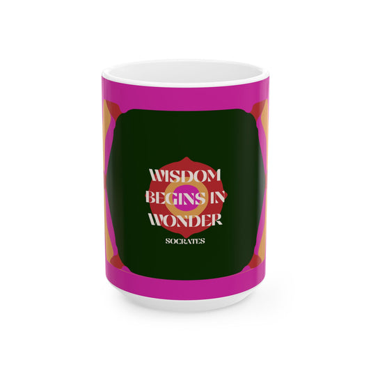 Mug with 'Wisdom Begins in Wonder' quote on a white background