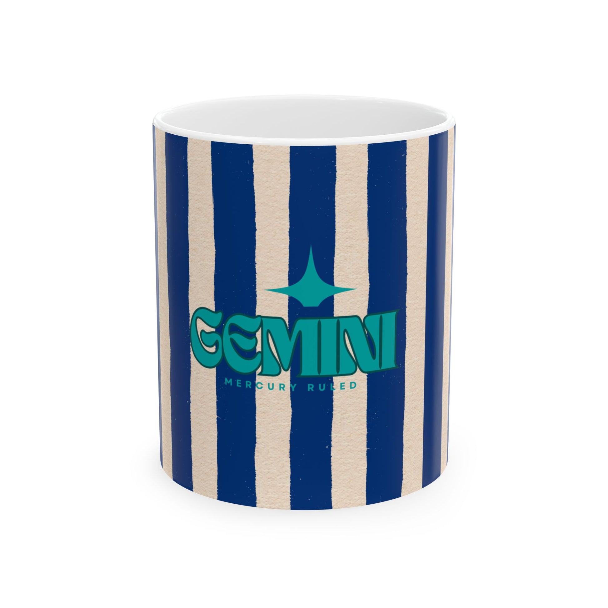 Striped mug with 'Gemini' branding on a white background