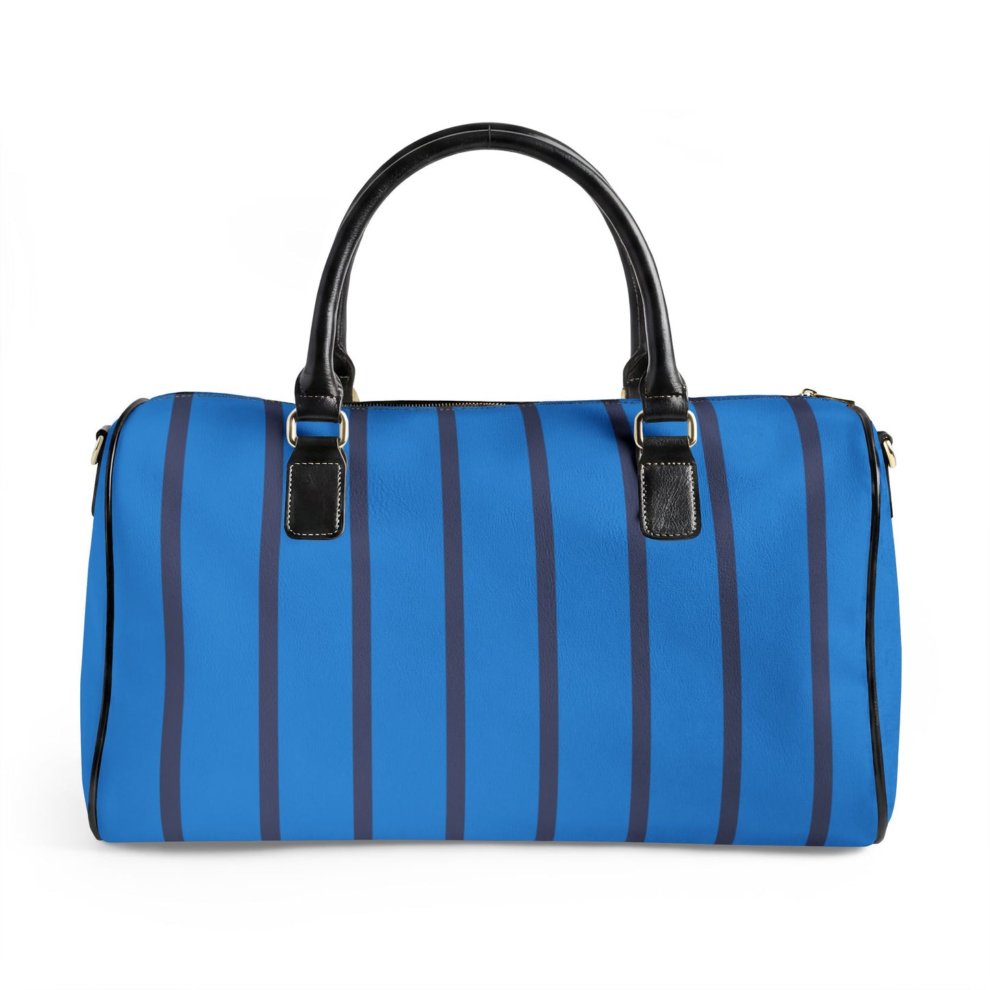Chic Leather Travel Bag — 'Très Bon' Bright Blue Striped Weekender
