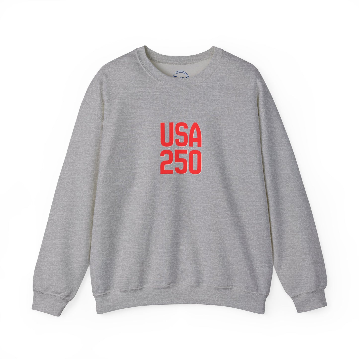Gray sweatshirt with 'USA 250' in red text on a white background