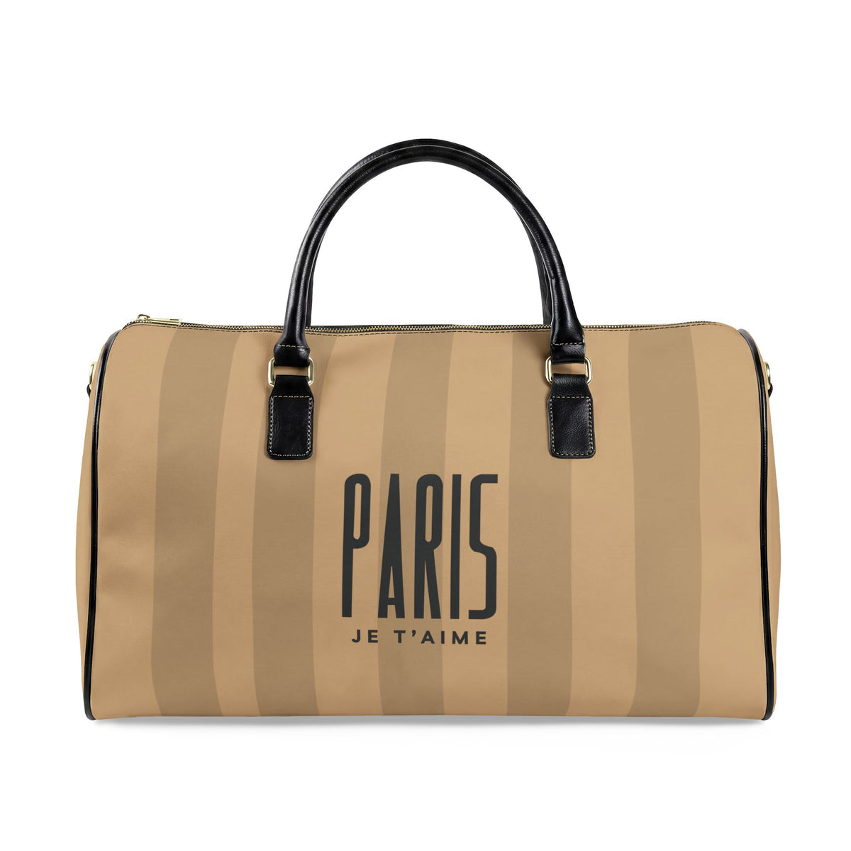 A beige and tan vertically striped duffle bag with black leather handles and trim, featuring the text 'PARIS JE T'AIME' printed in black on the front.