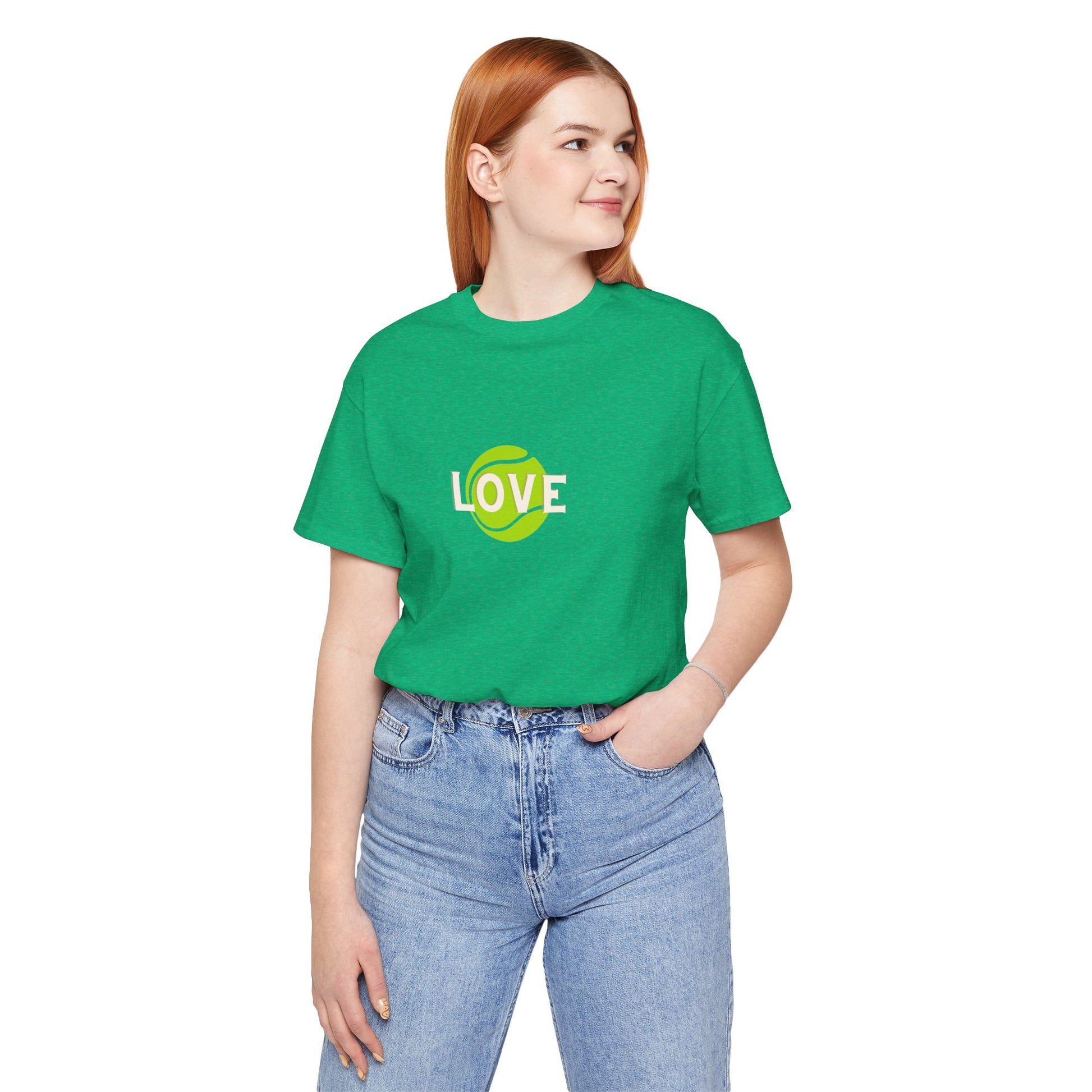 Person wearing a green t-shirt with 'LOVE' and a tennis ball graphic on a white background