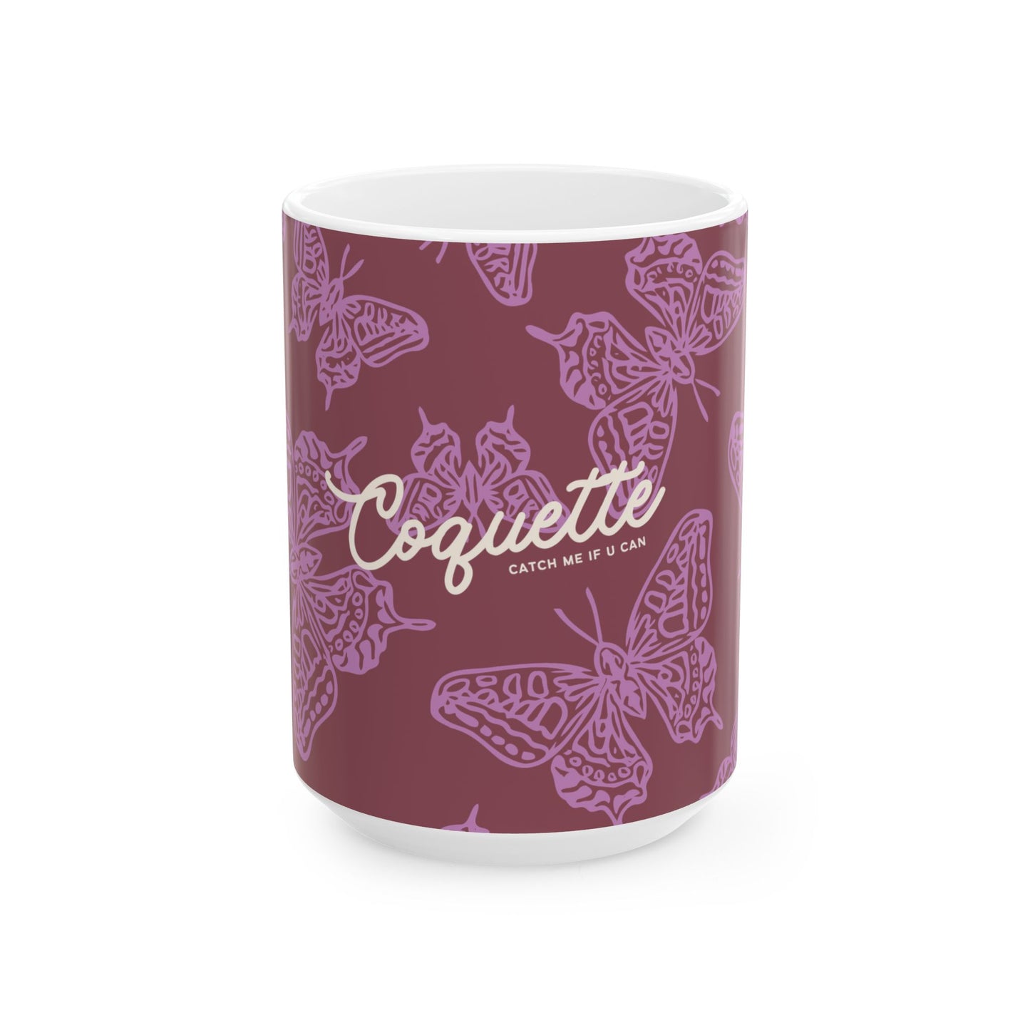 Mug with butterfly design and 'Coquette' branding on a white background
