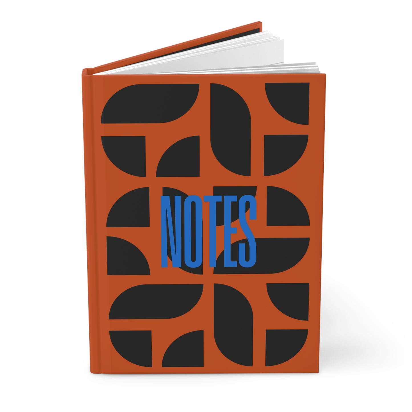 Notebook with orange cover featuring black abstract shapes and blue 'NOTES' text on a white background