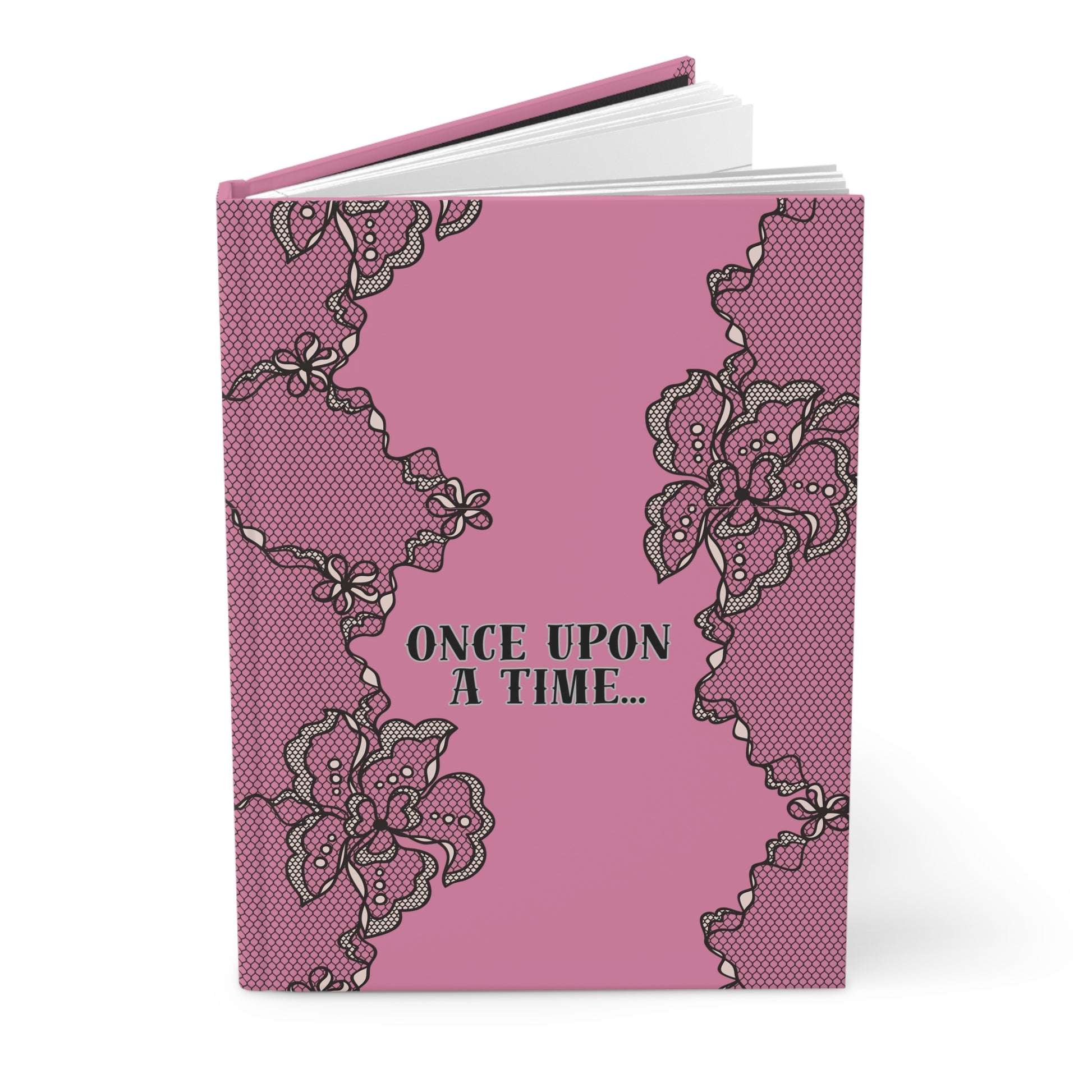 Pink notebook with lace design and 'Once Upon a Time...' text on a white background